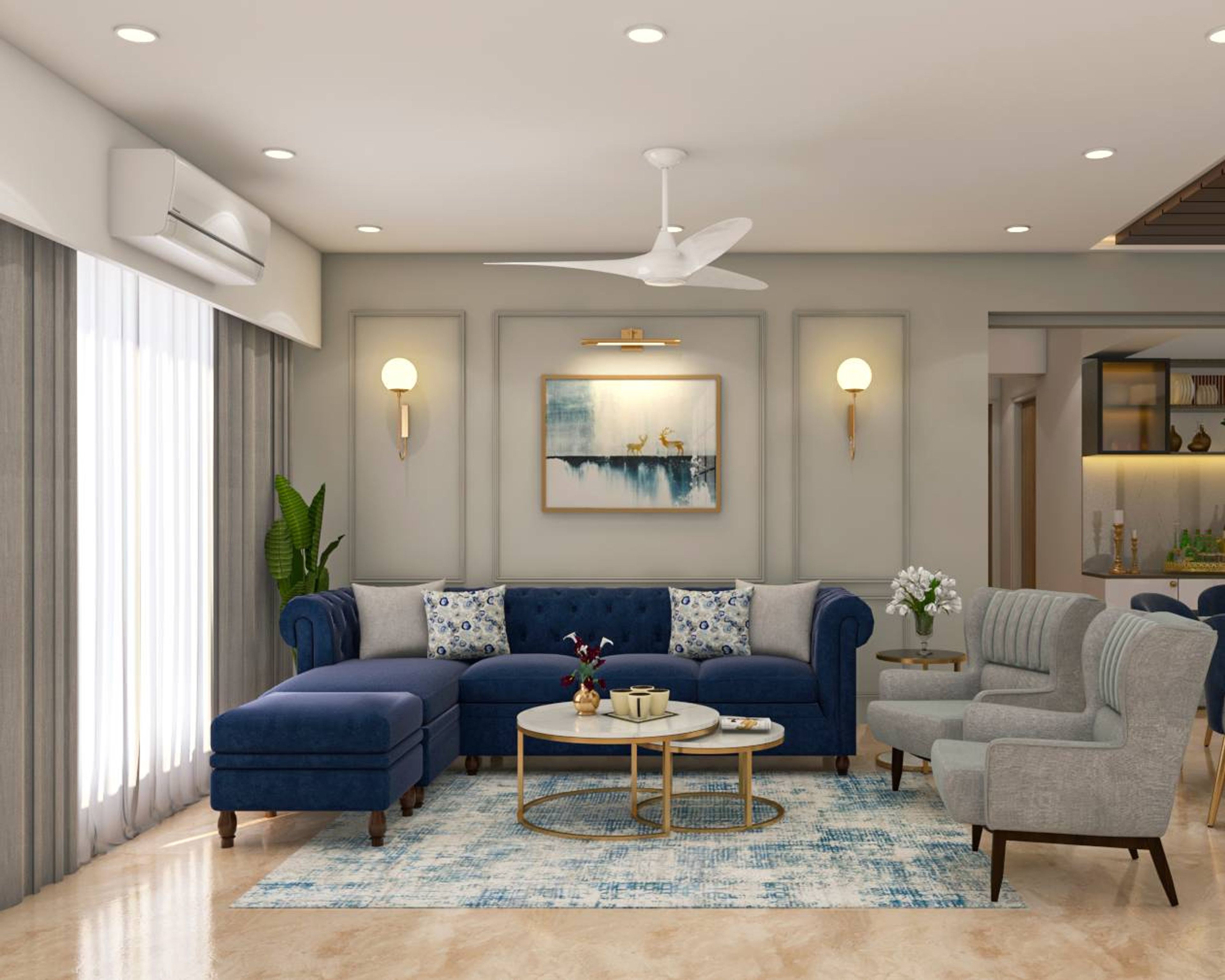 Classic Living Room Design With Grey Wallpaper And Wall Trims