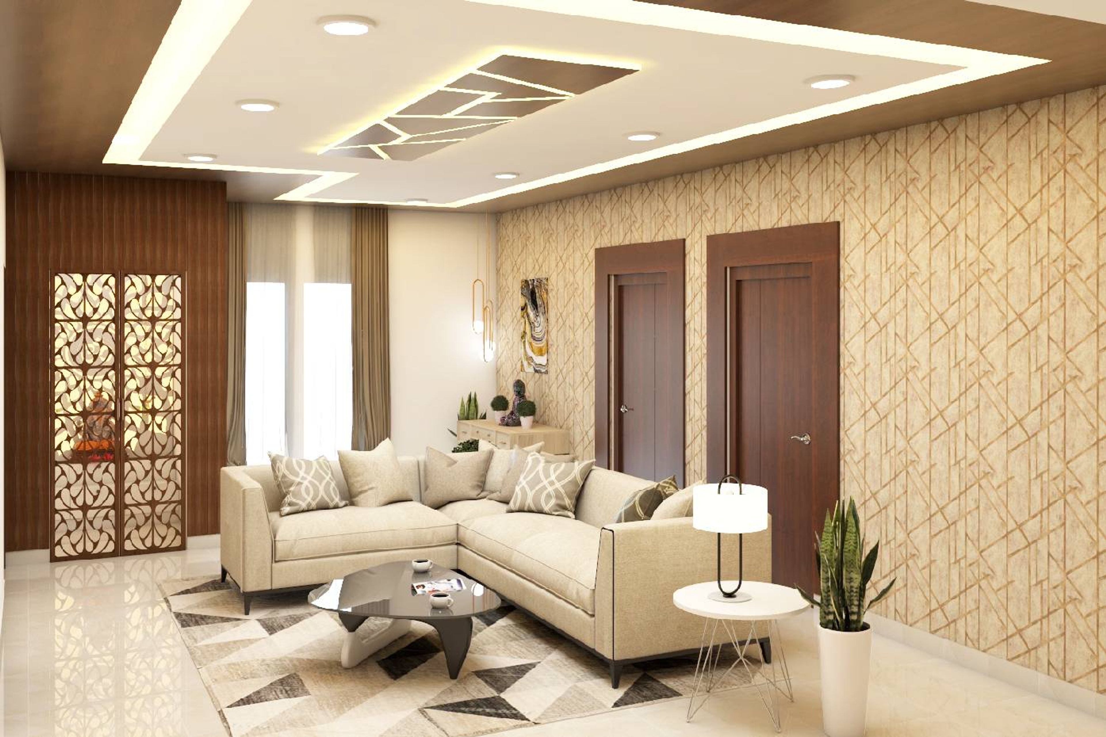 Living Room Design With A Patterned Wallpaper - Livspace