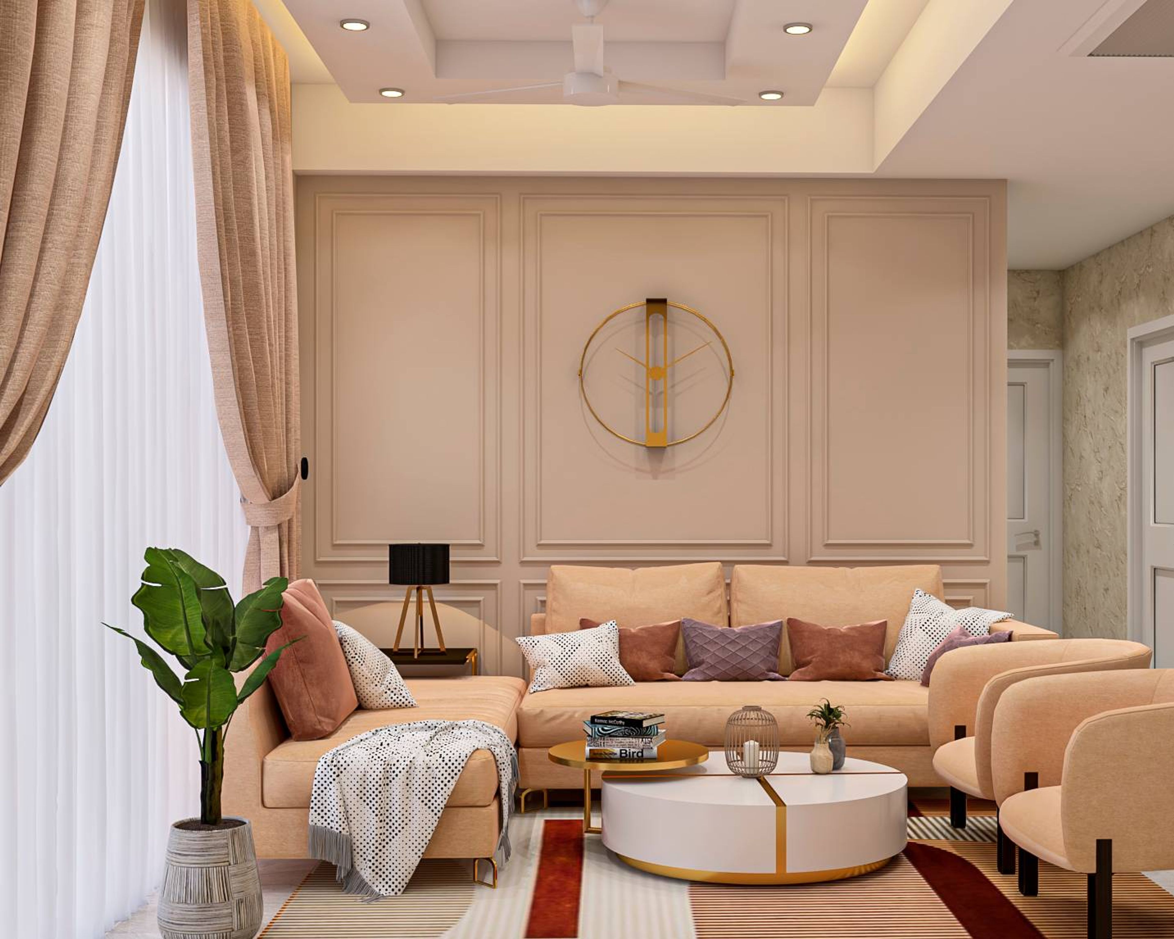 Living Room Design With Peach Accent Chairs - Livspace