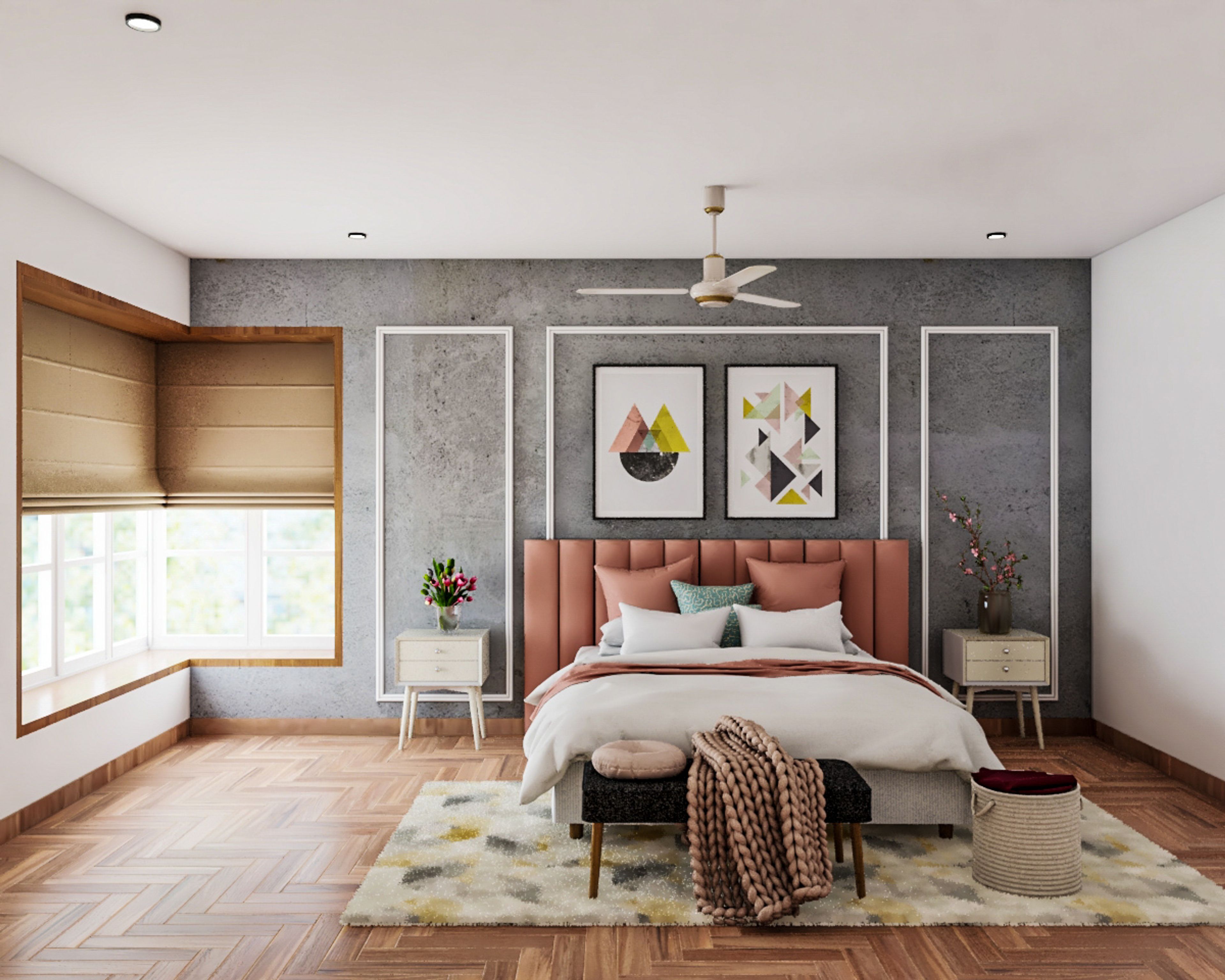 Modern Bedroom Design With A Double Size Bed Featuring A Peach Upholstered Headboard