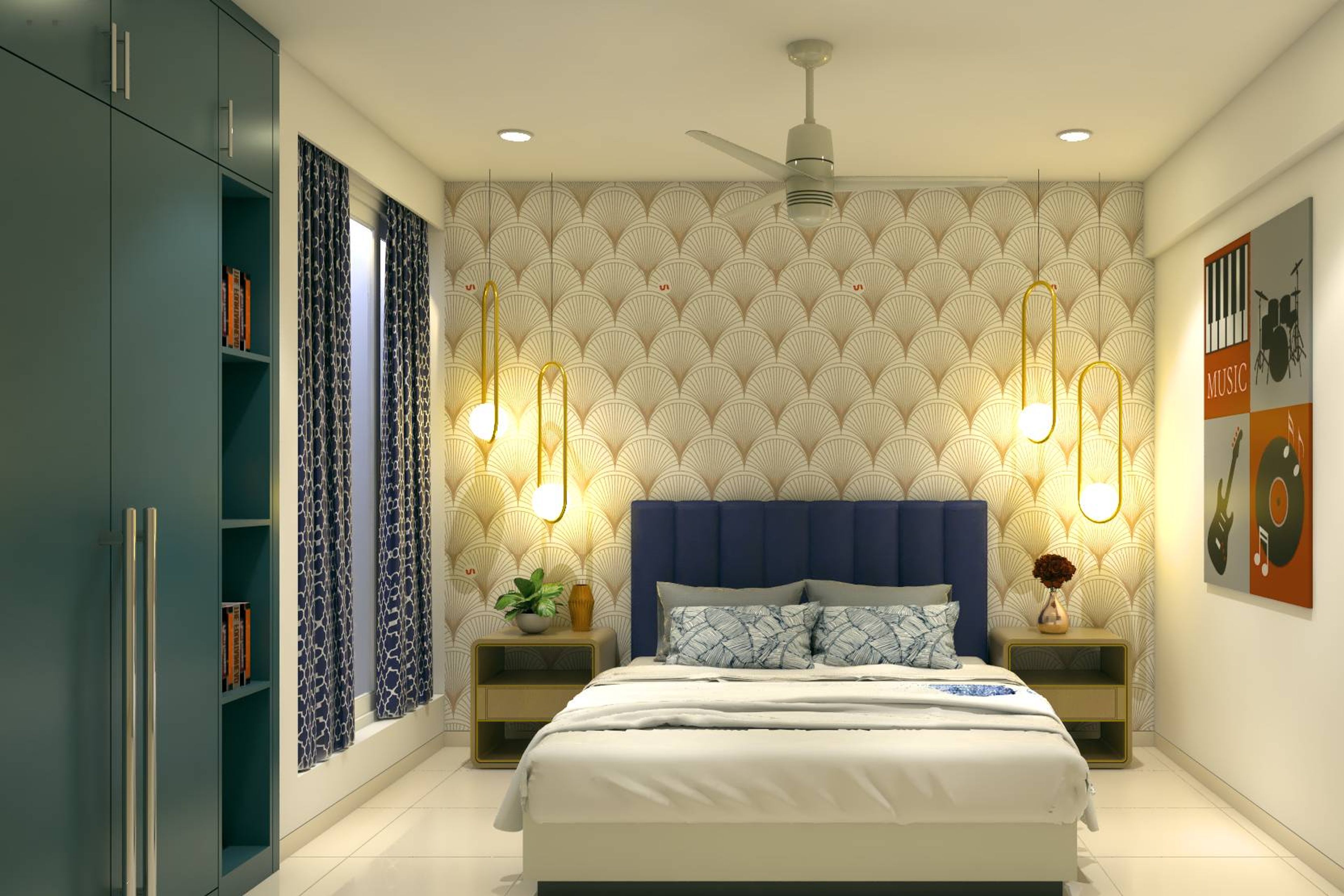 Contemporary Bedroom Design With A King Size Bed And Hanging Lights