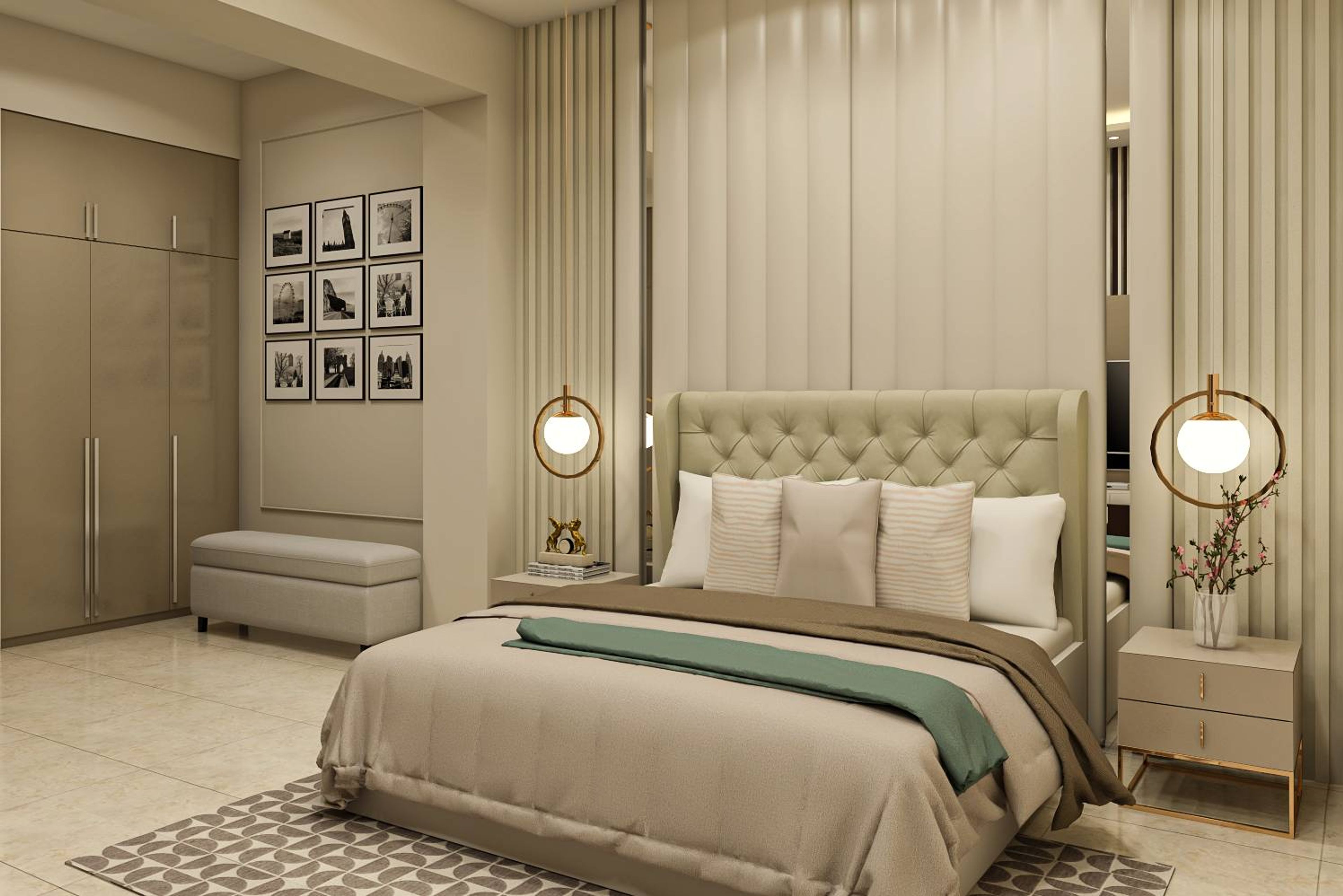 Compact Master Bedroom Design With Beige Bed