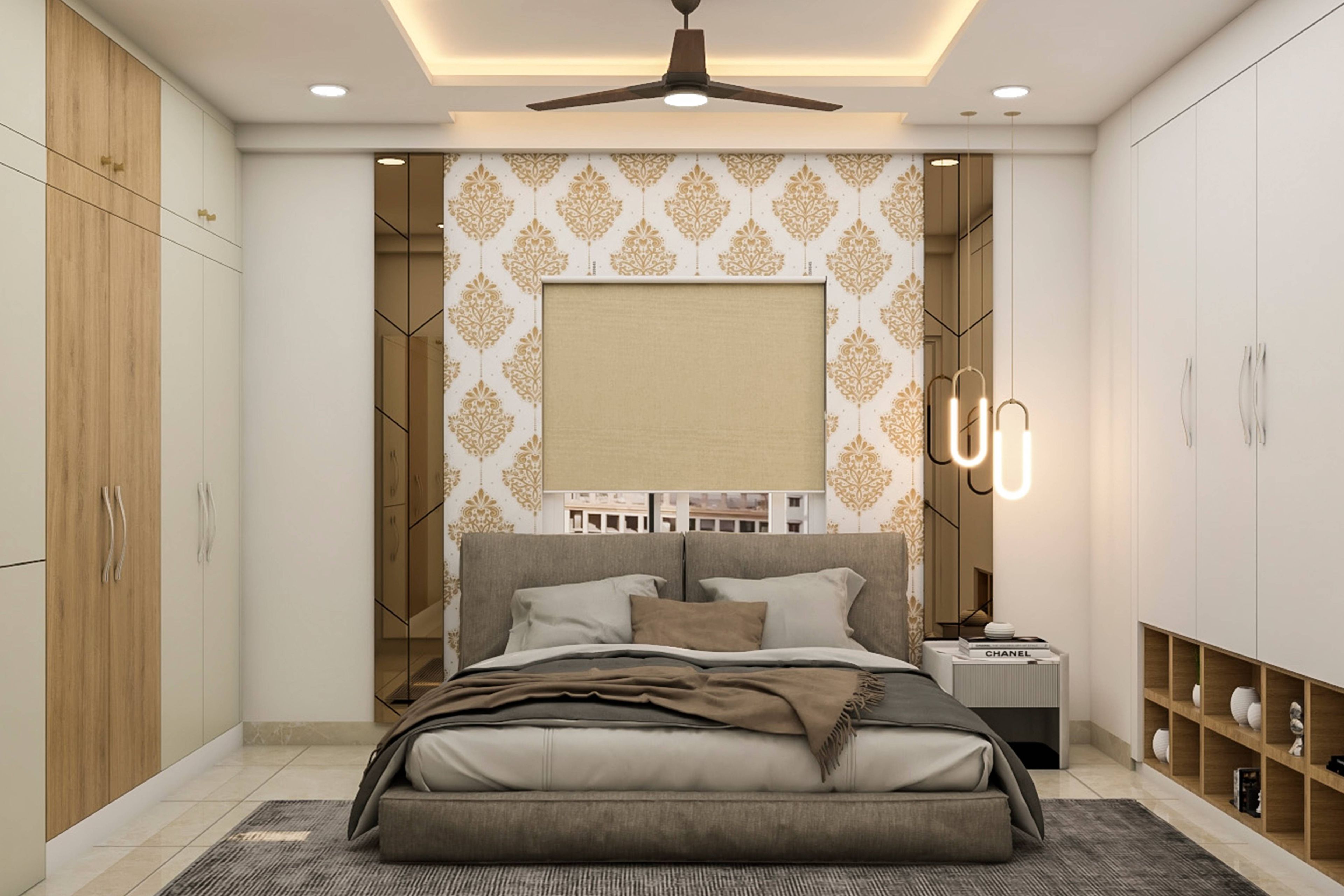 Modern Guest Bedroom With White Victorian Wallpaper Headboard - Livspace