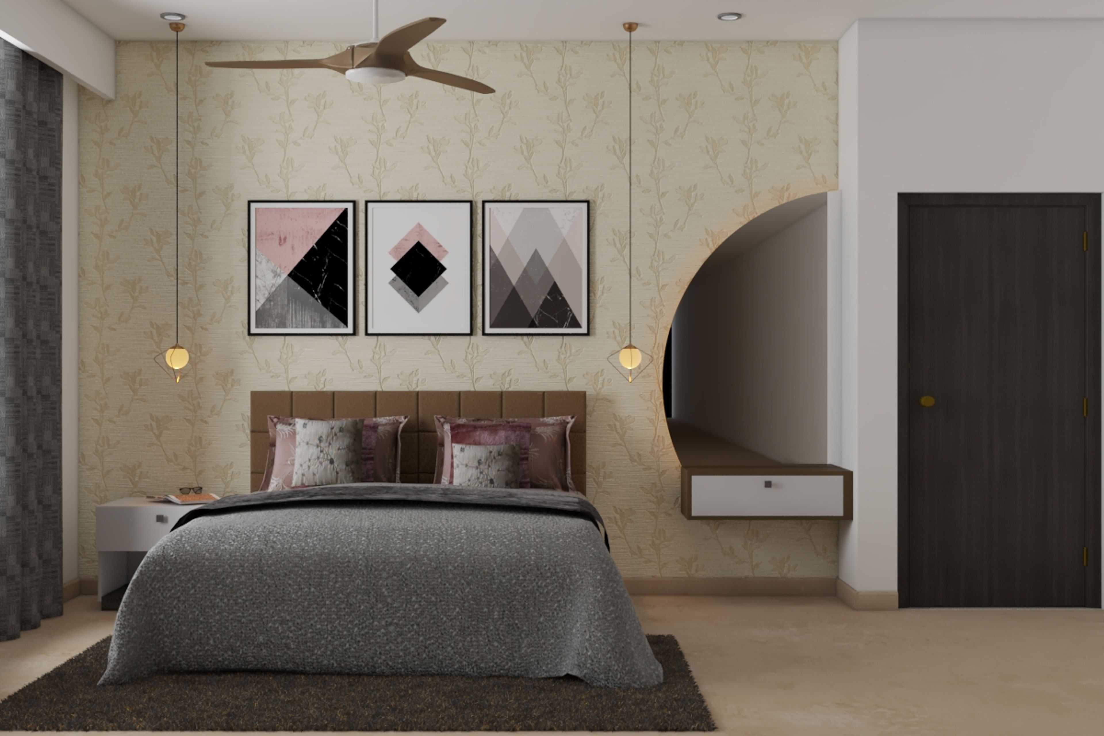 Modern Guest Room Design With A Beige Wallpaper