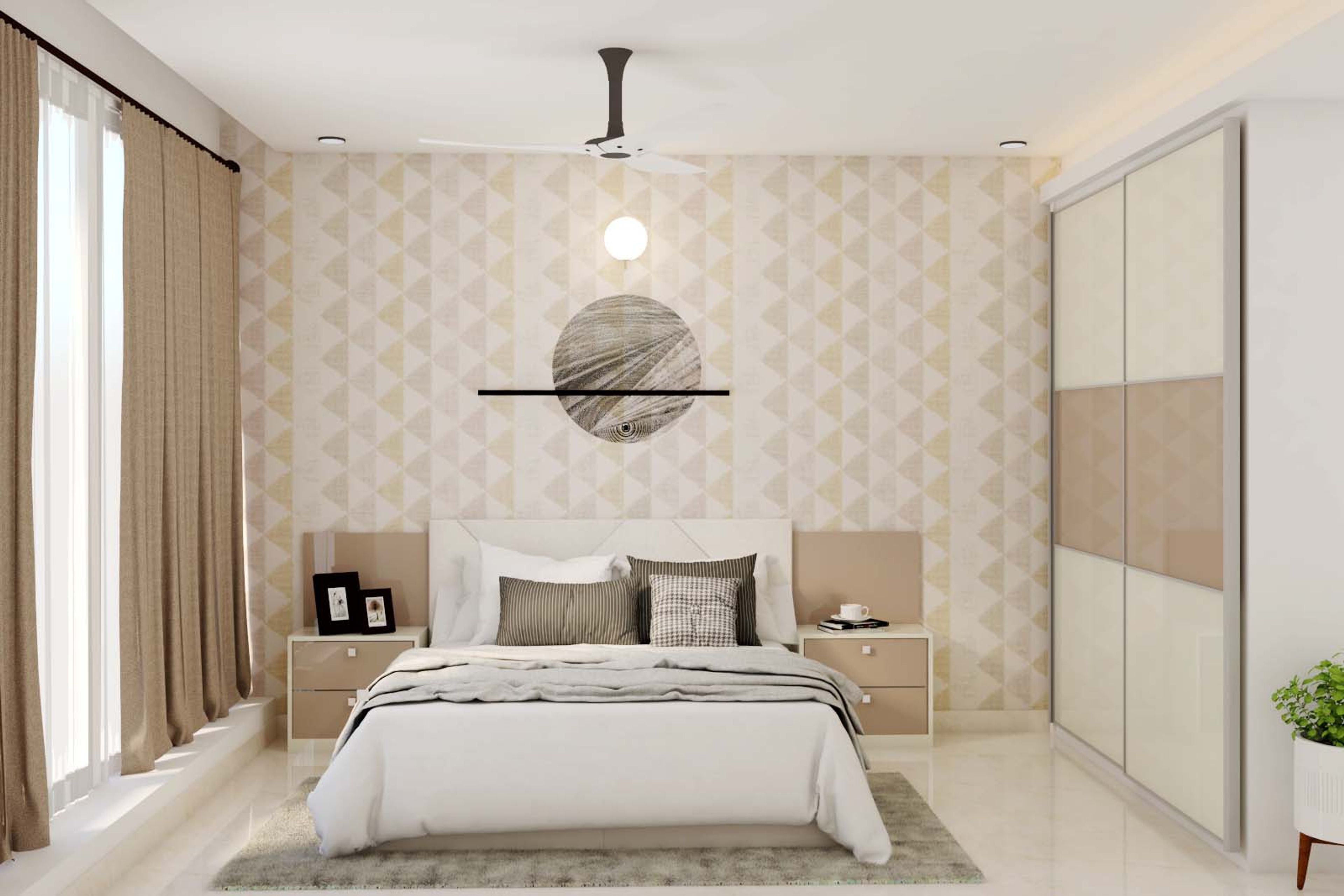Beige-Toned Guest Bedroom Design With Geometrical Pattern Wallpaper