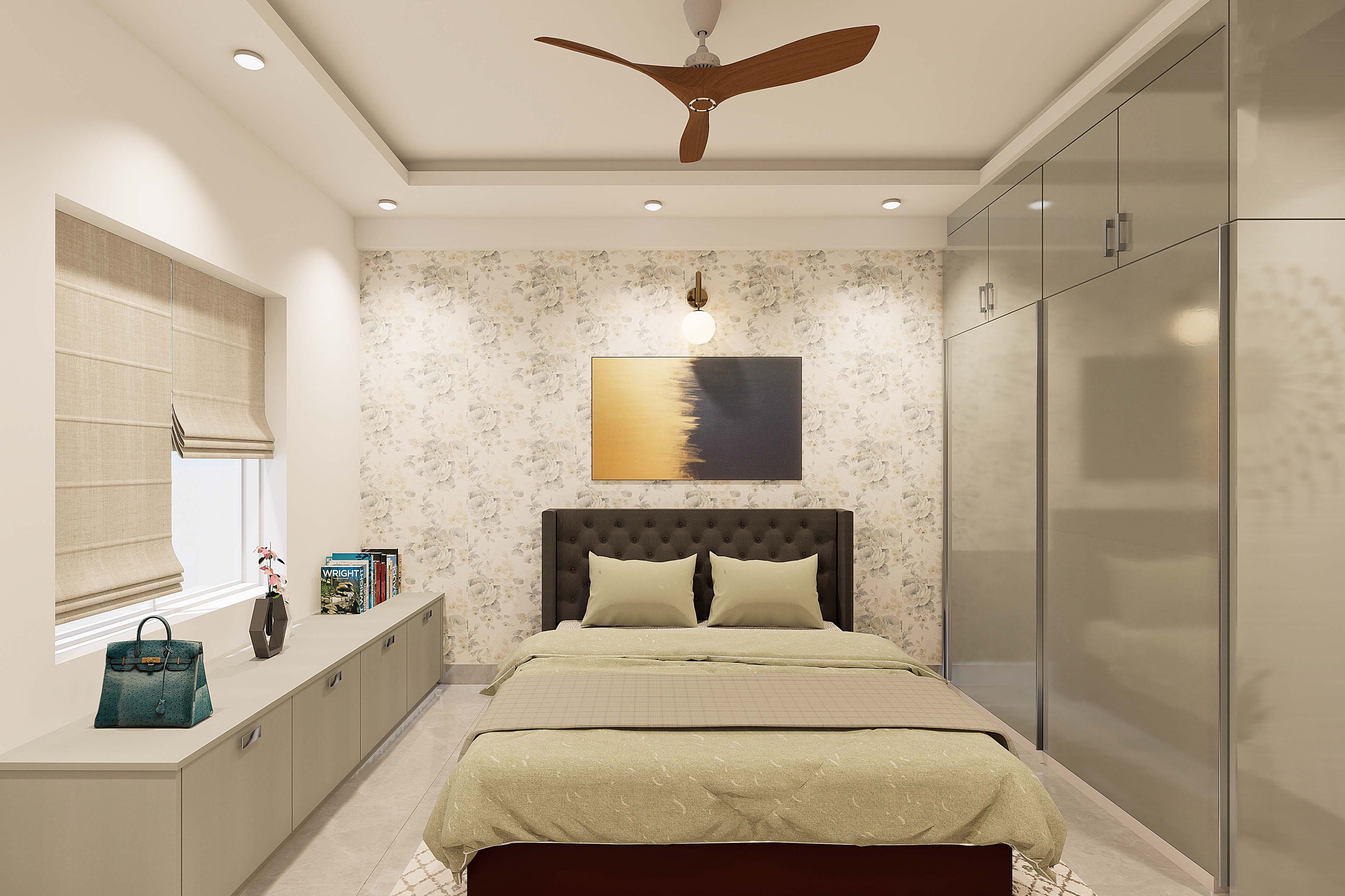 Spacious Guest Bedroom Design With Floral Wallpaper