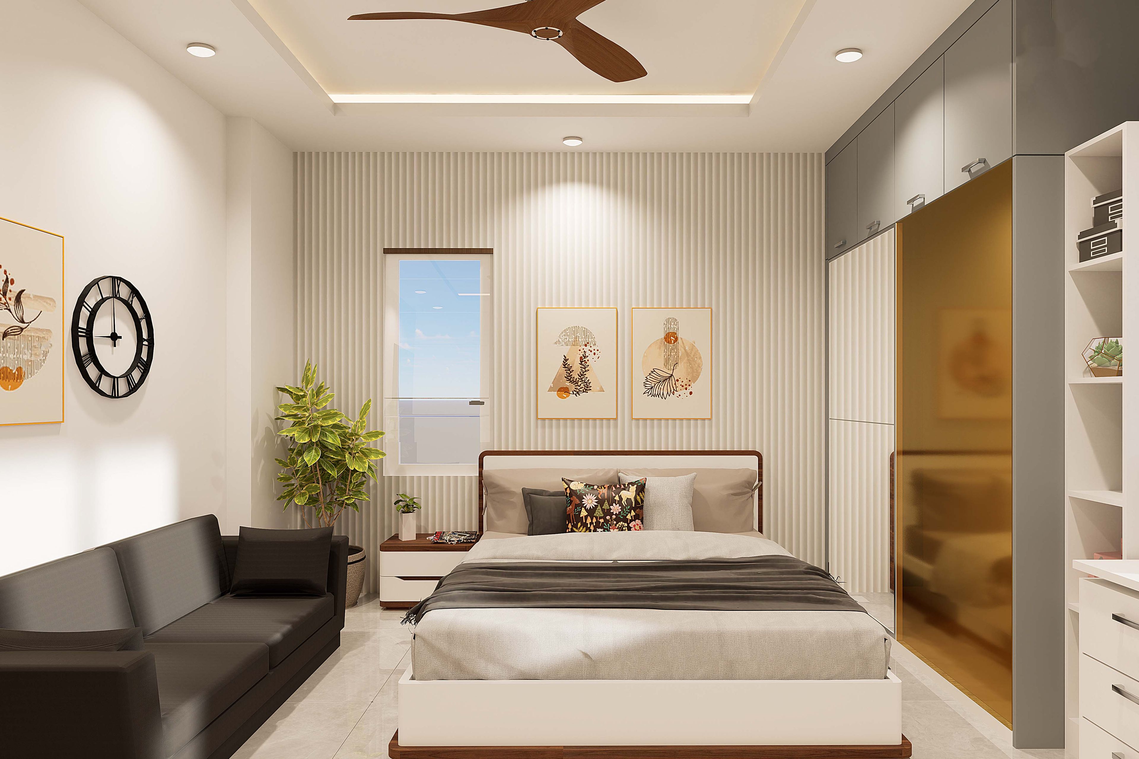 Modern Beige Guest Bedroom Design With Sliding Wardrobe