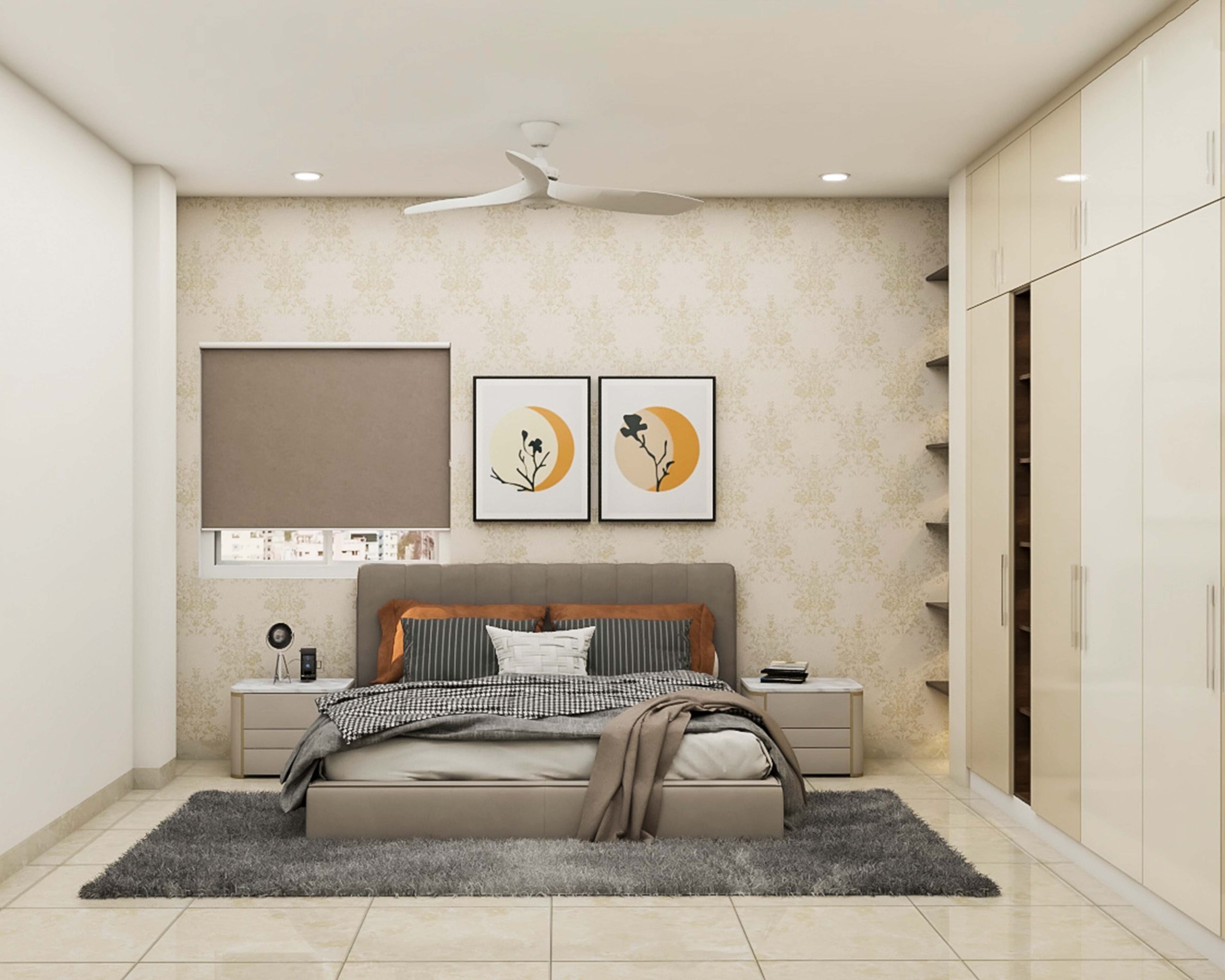 Contemporary Guest Bedroom Design With A Grey Floral Wallpaper