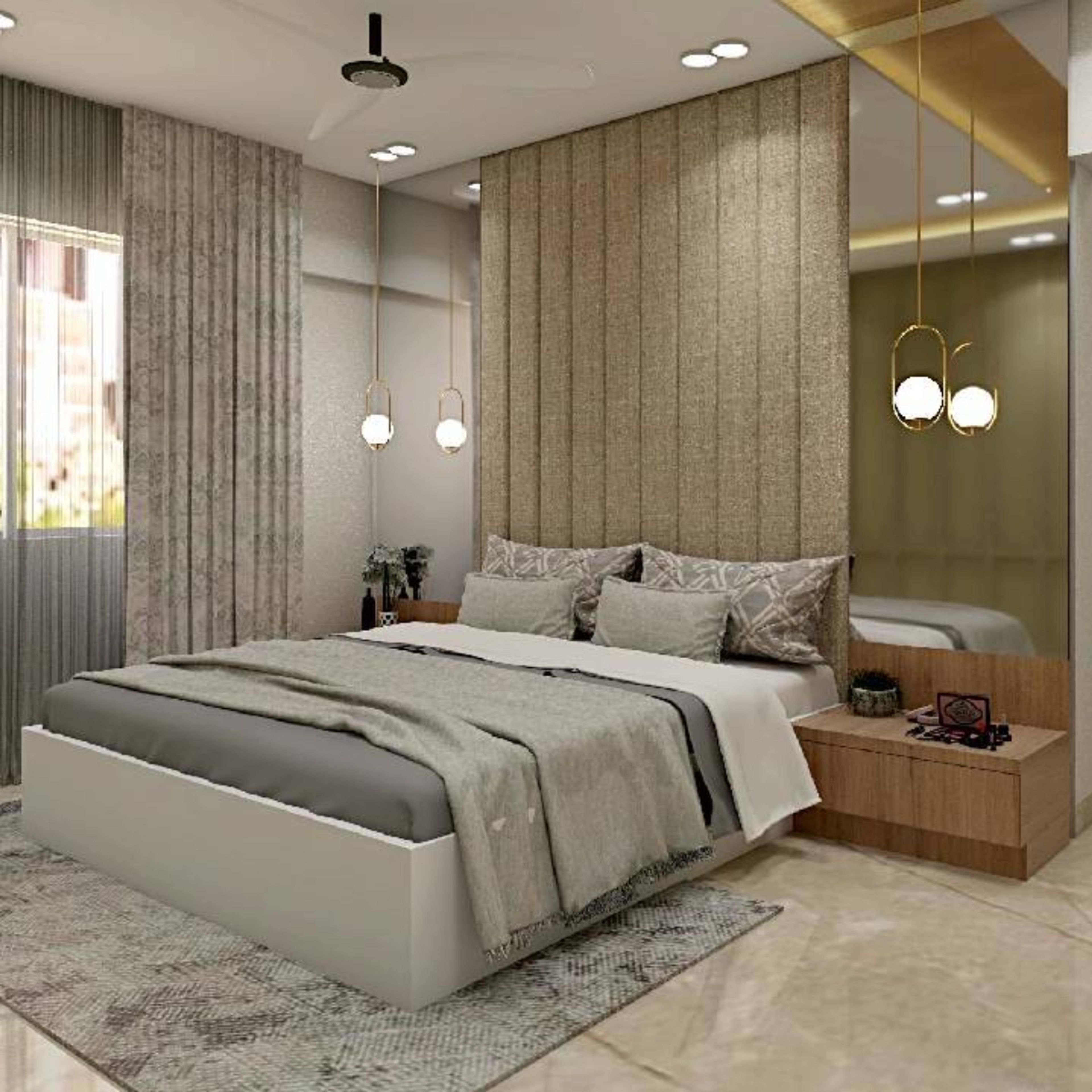 Modern Bedroom Design With Queen Size Bed And Wooden Side Tables