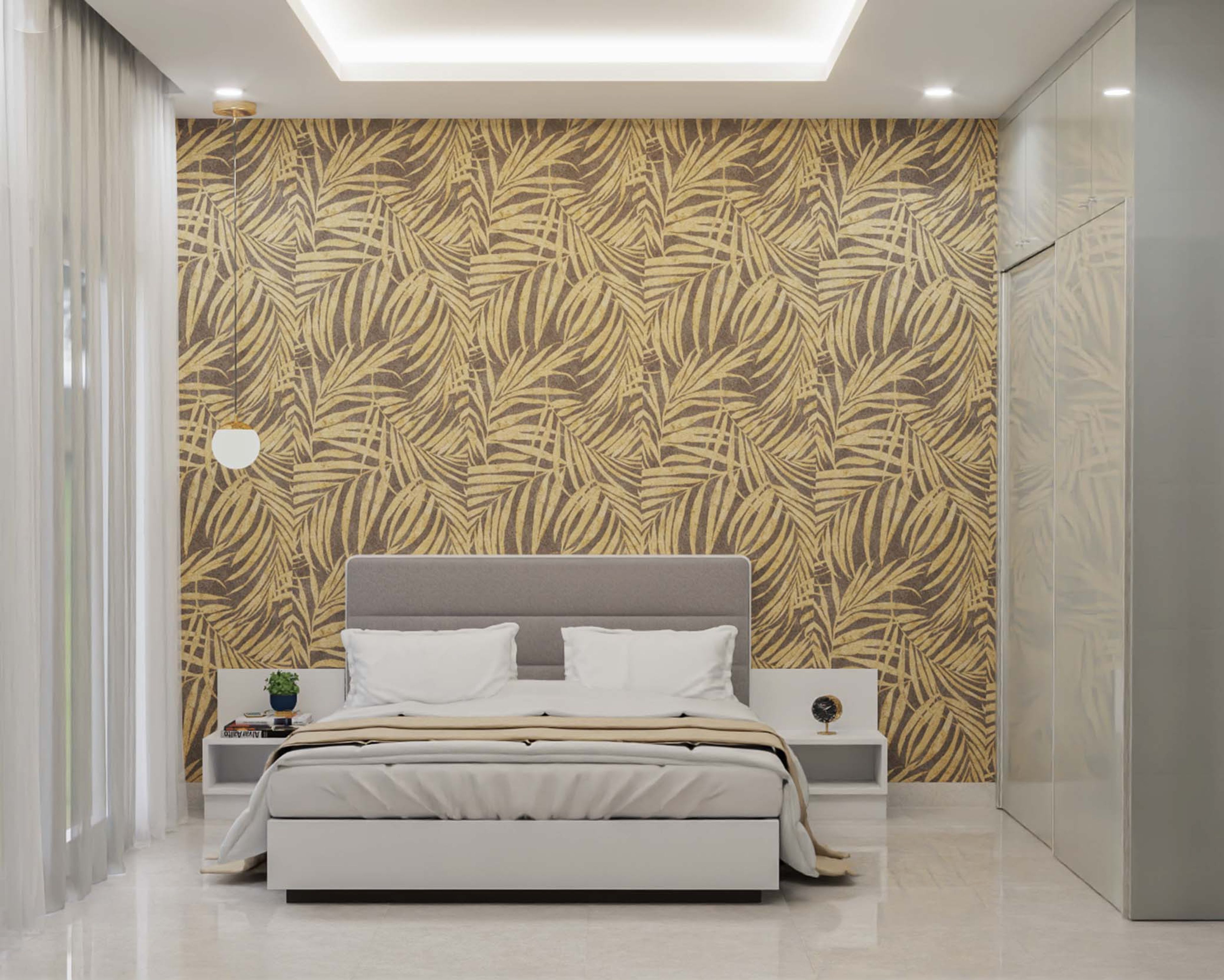 Spacious Guest Bedroom Design With Botanical Wallpaper