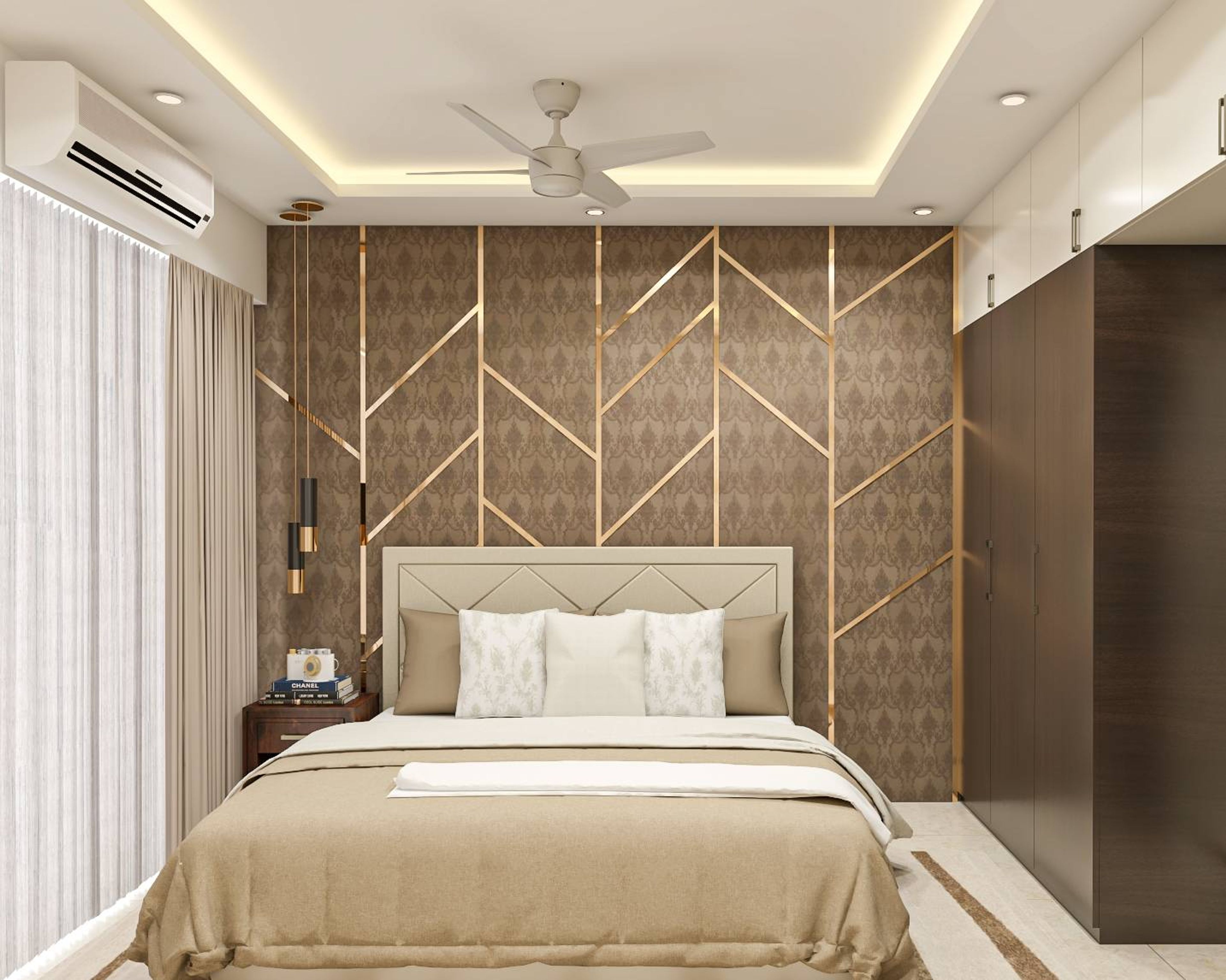 Contemporary Bedroom Design With A King Size Bed And Patterned Wallpaper