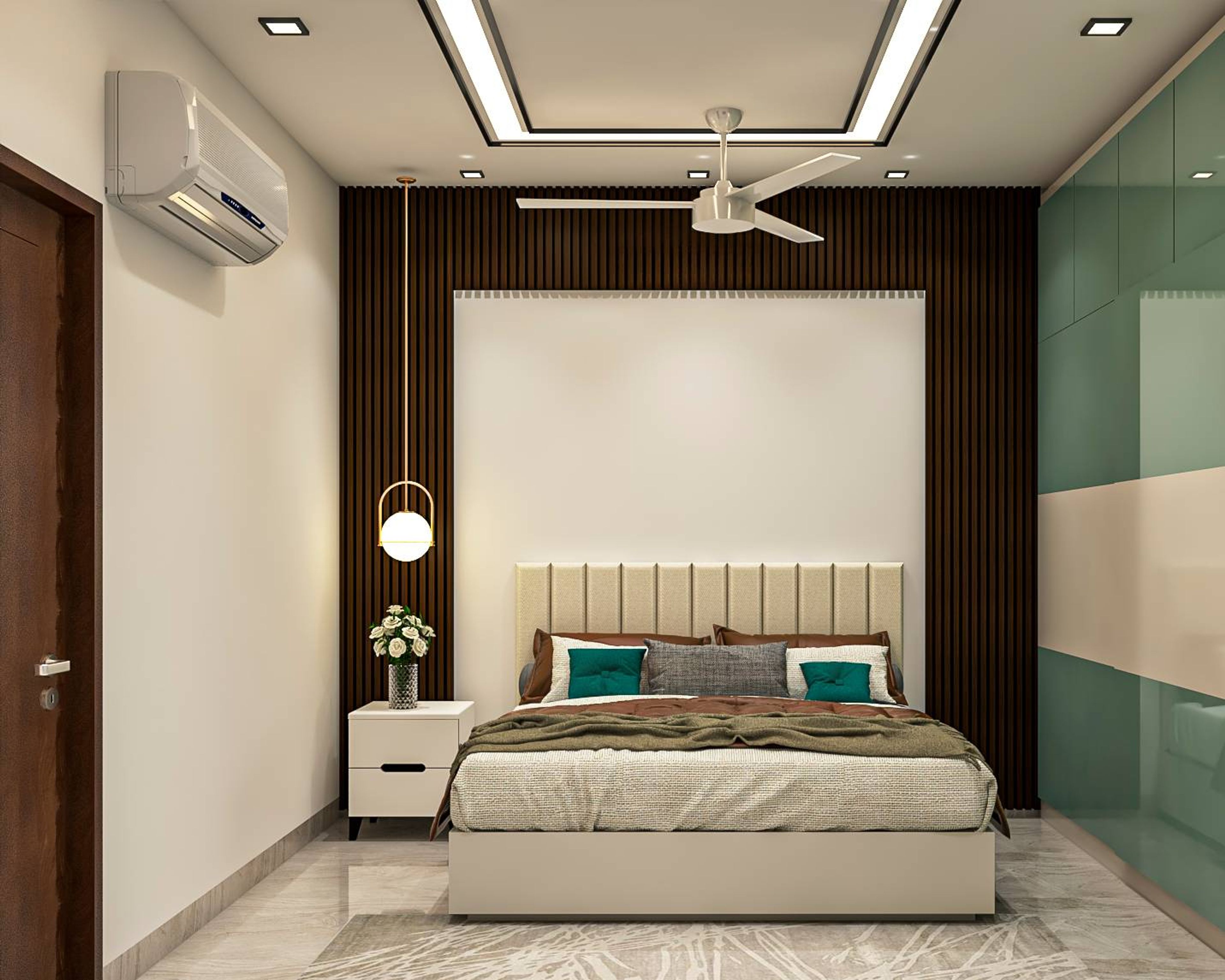 Modern Guest Bedroom Design With Sage Green Sliding Door Wardrobe