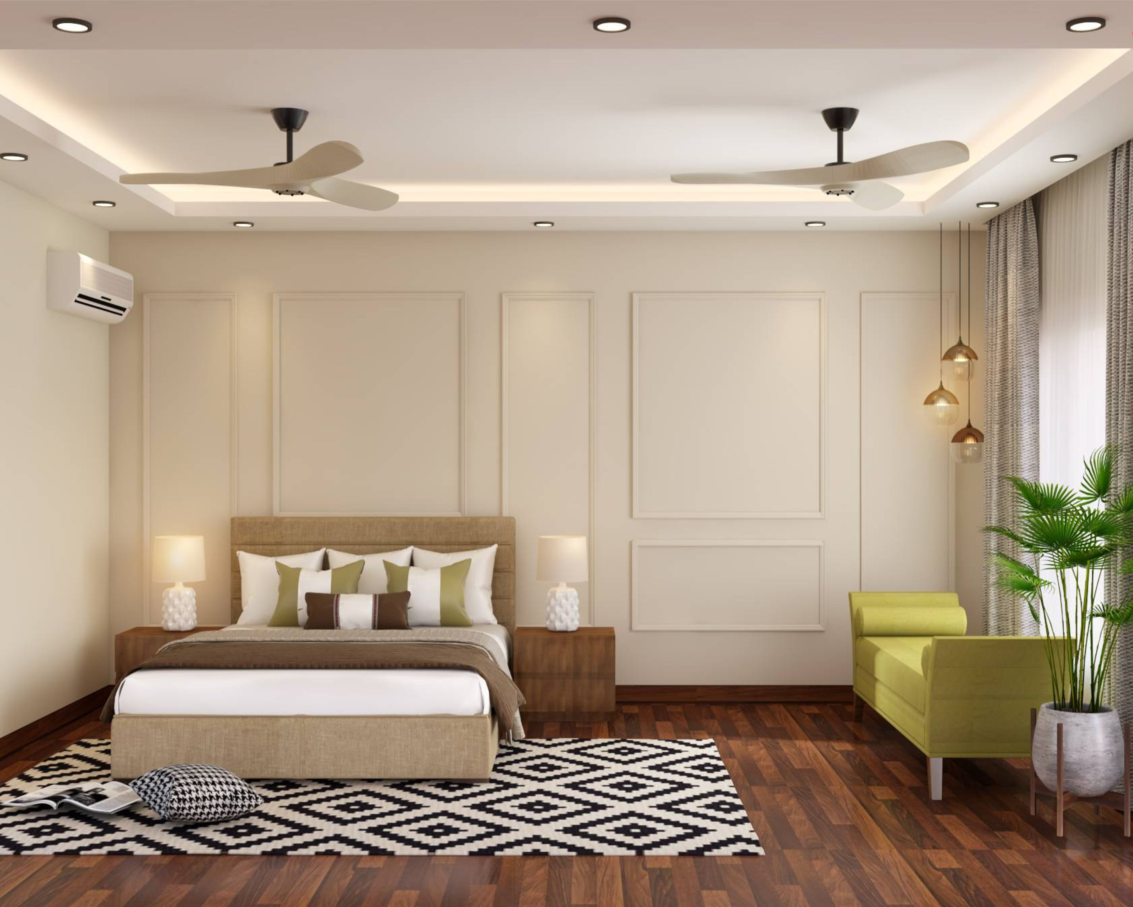 Contemporary Bedrooms Design With A King Size Bed With Beige Upholstery