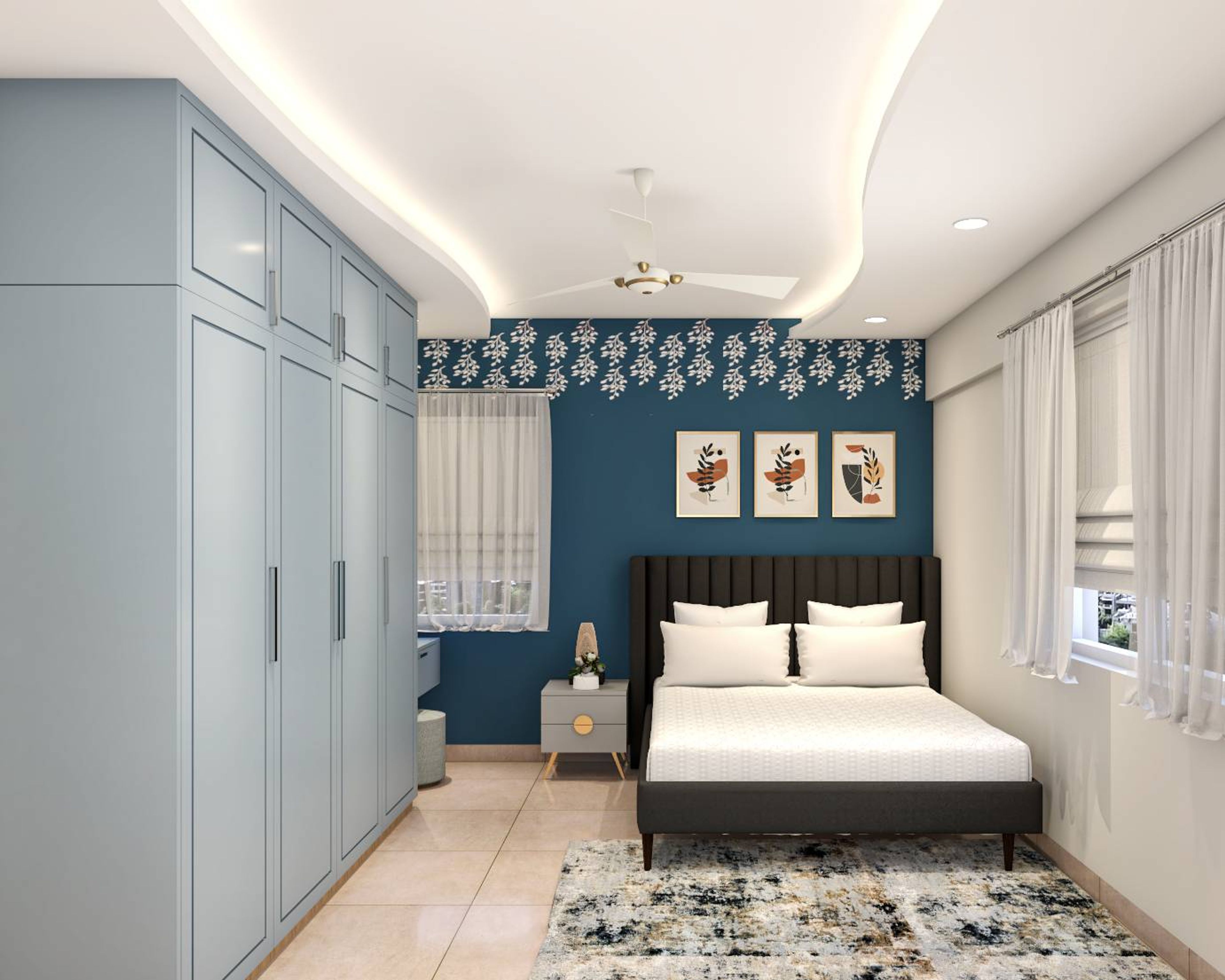 Modern Guest Bedroom Design With Dark Blue Leafy Wallpaper
