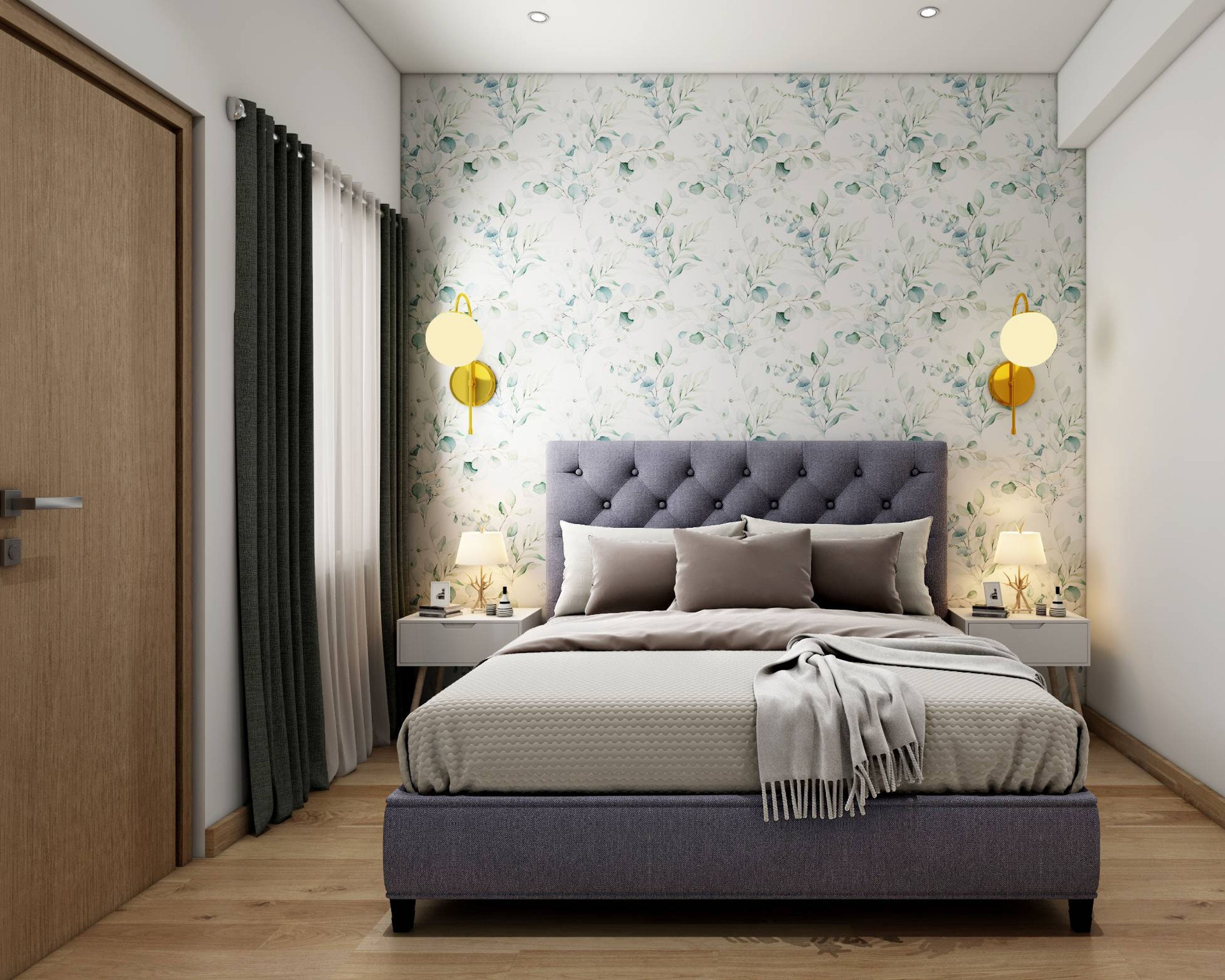 Modern Bedroom Design With A Grey Upholstered Bed And White Side Tables