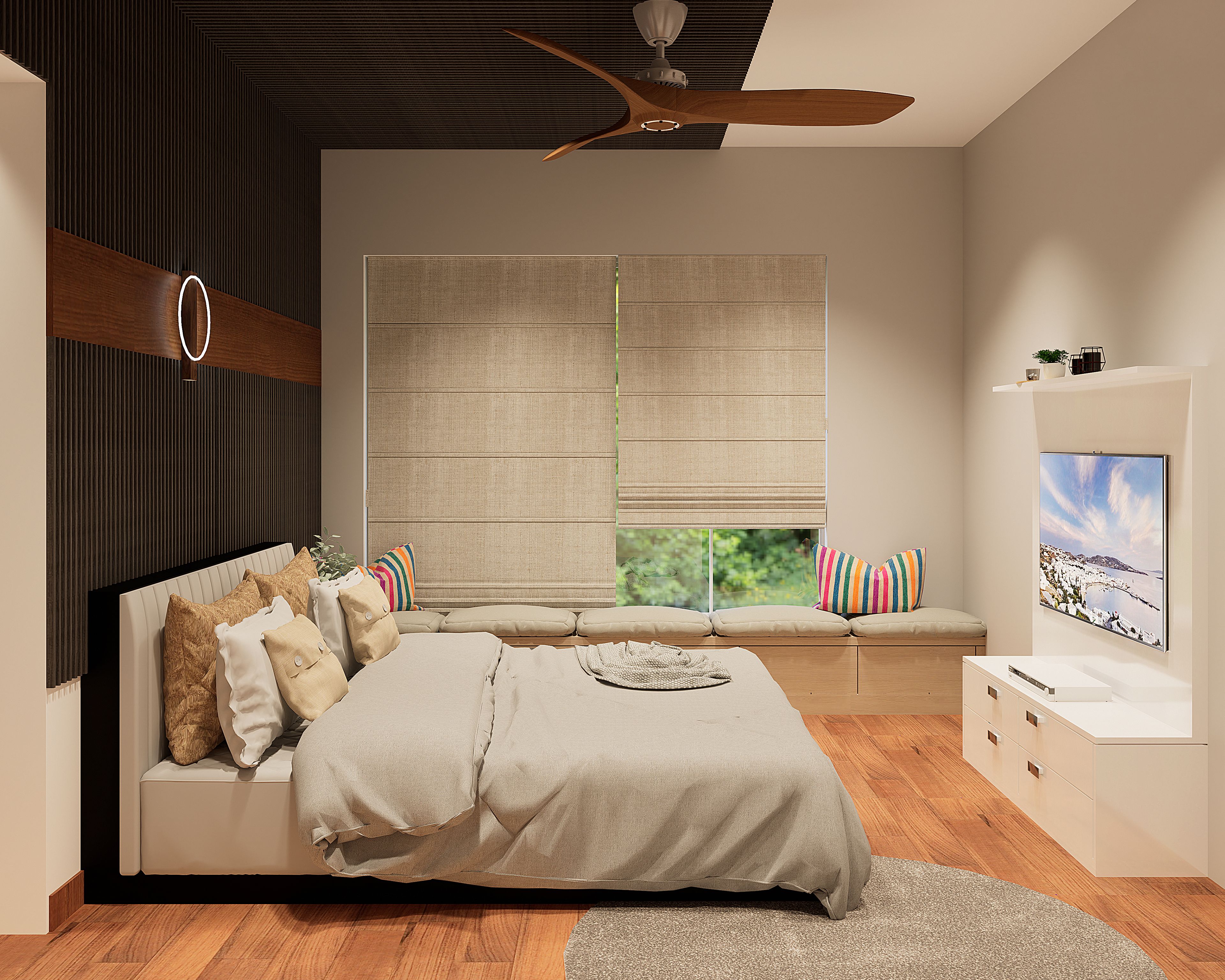 Bedroom Design With A Window Seater With Cushions - Livspace