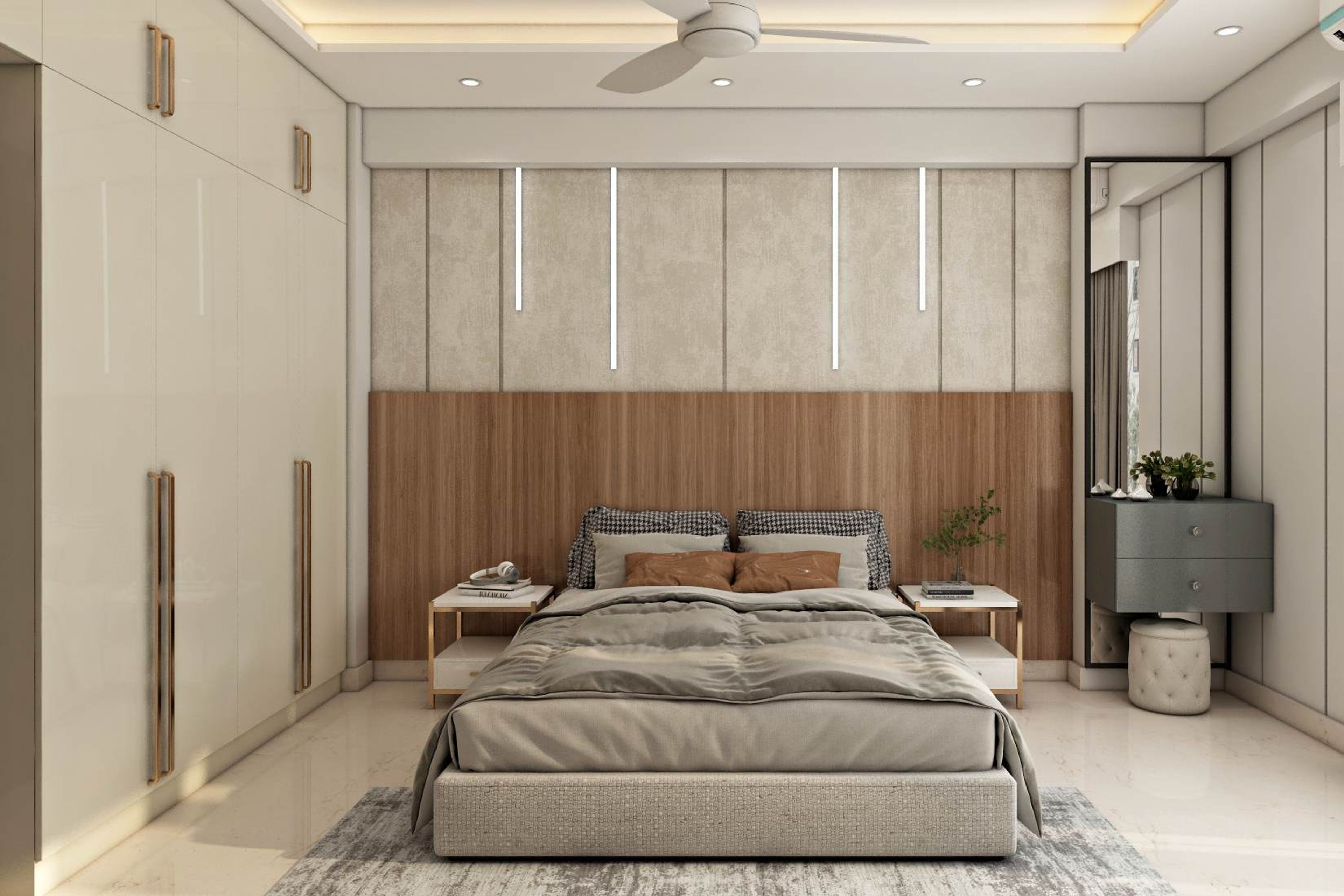 Modern Bedroom Design With A King Size Bed And Beige Wall Panelling