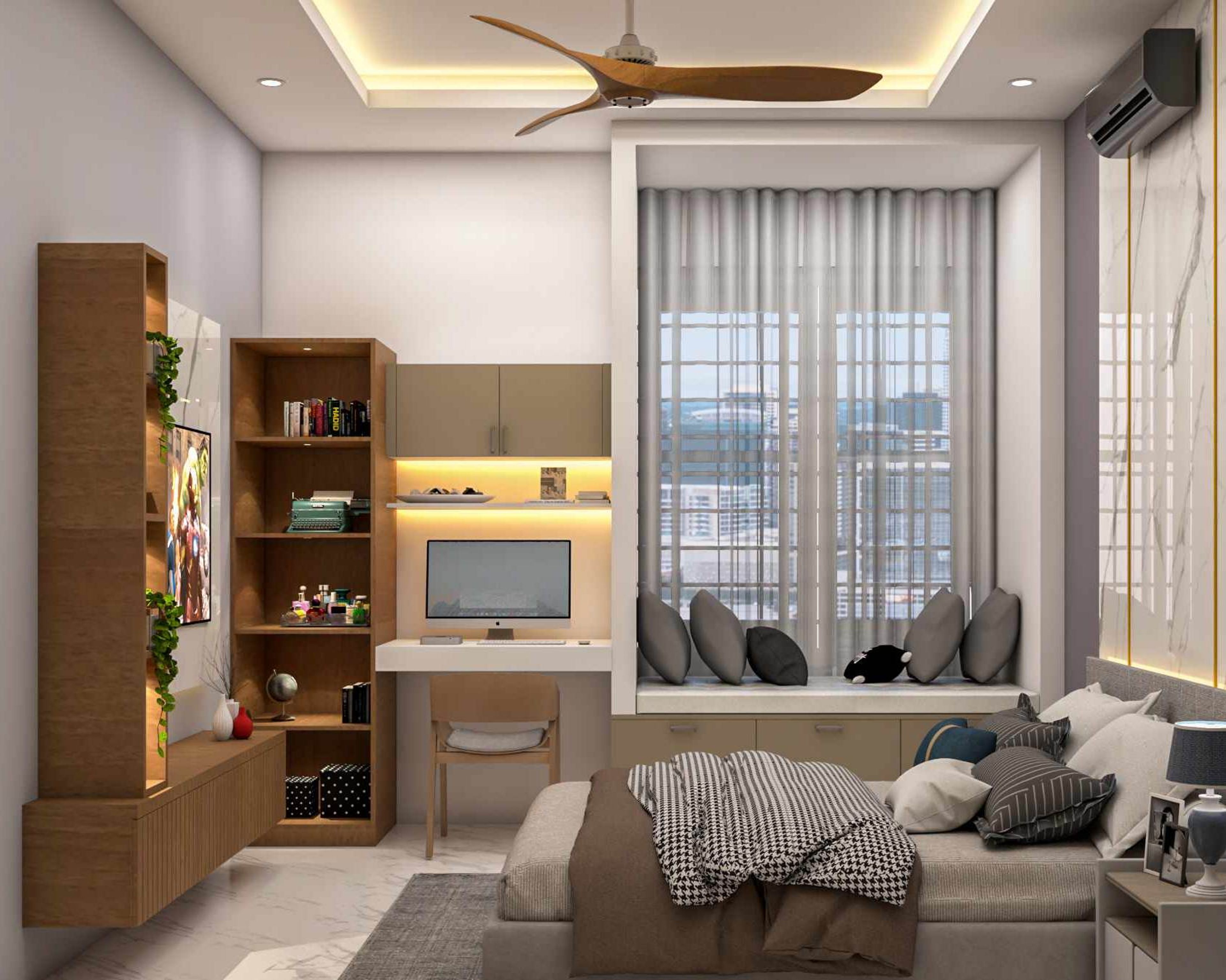 Modern Bedroom Design With A Queen Bed And Bay Seating With Storage