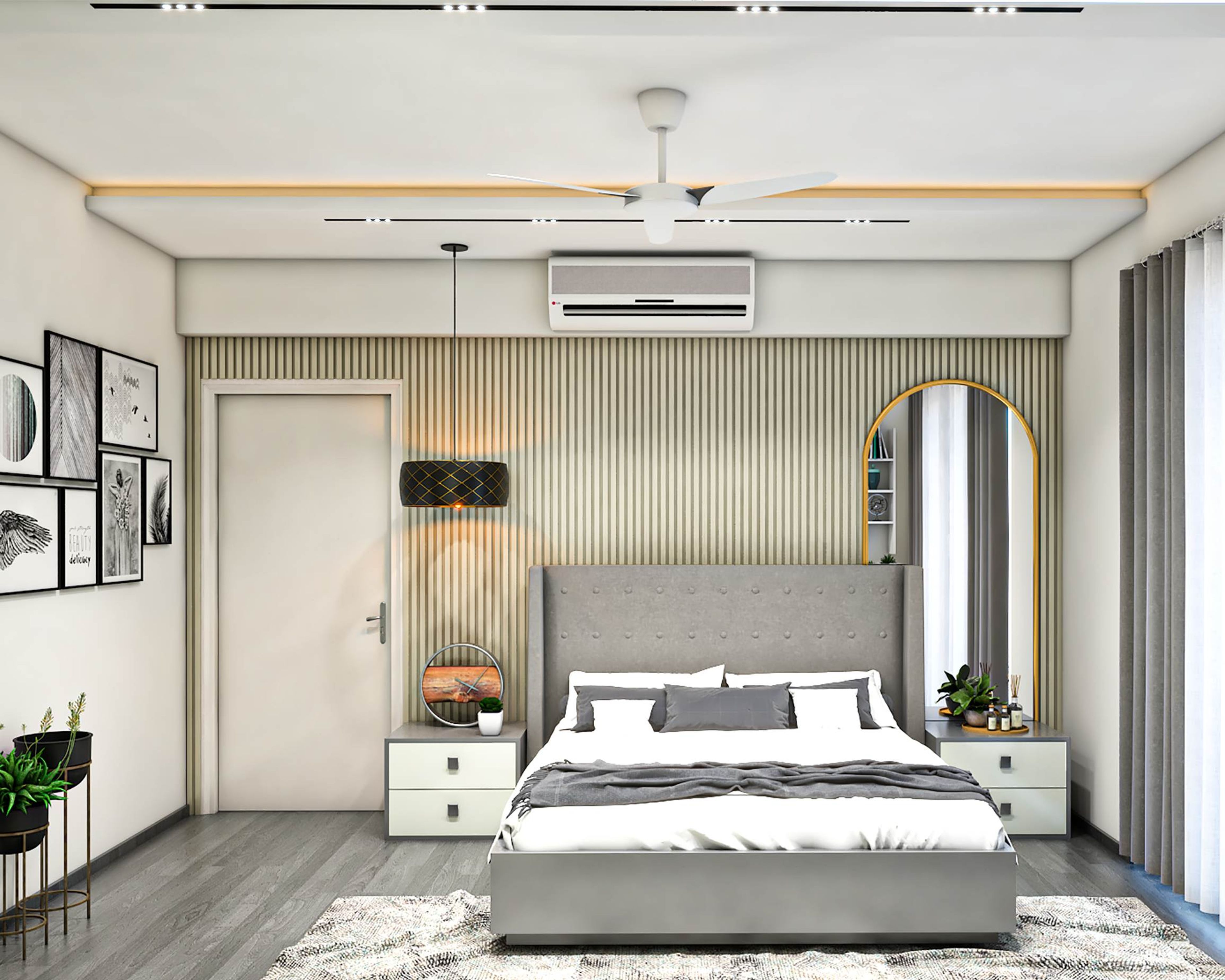 Contemporary Bedroom Design With A Grey Upholstered King Size Bed