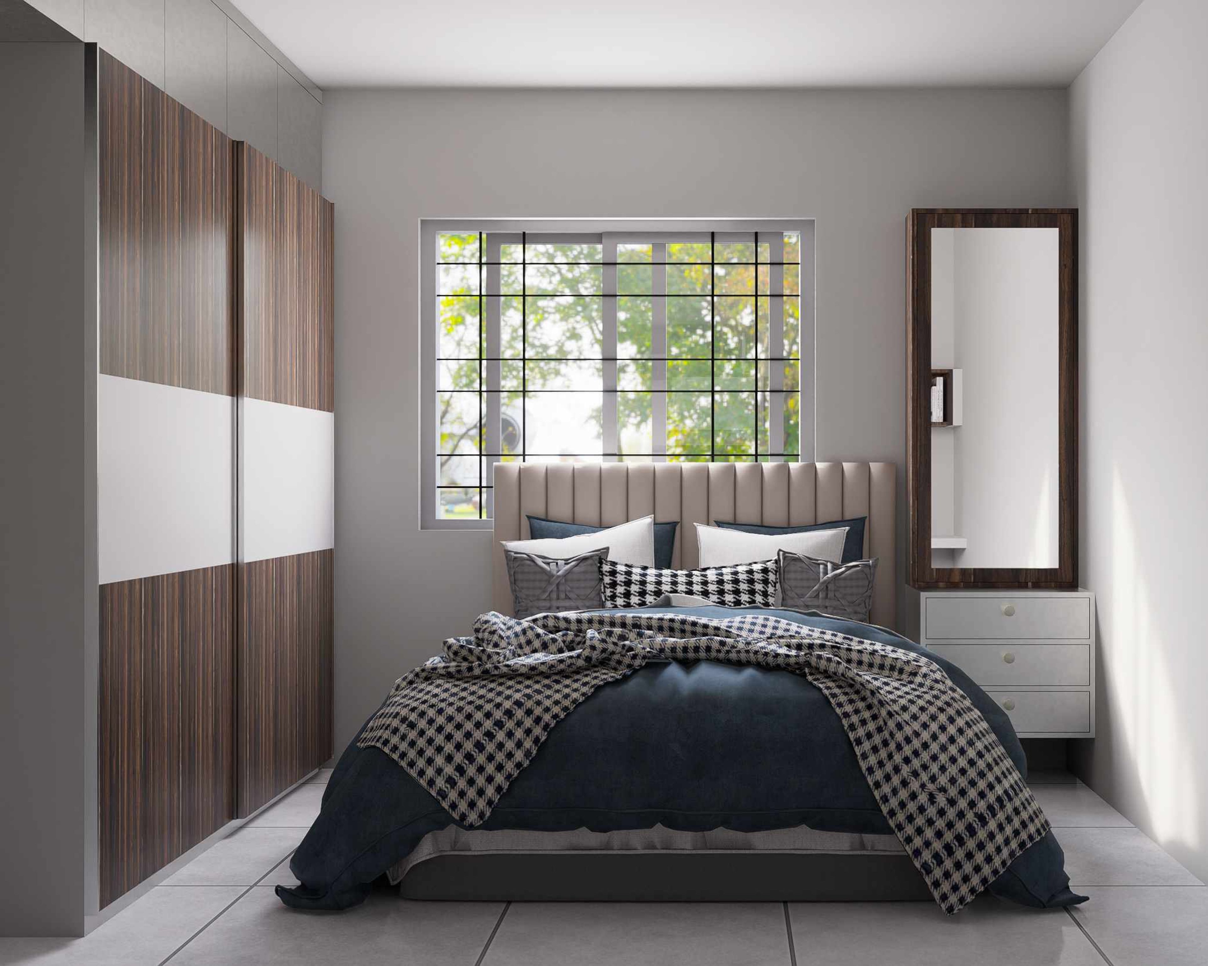 Modern Bedroom Design With A Queen Bed And Full-Wall Wardrobe