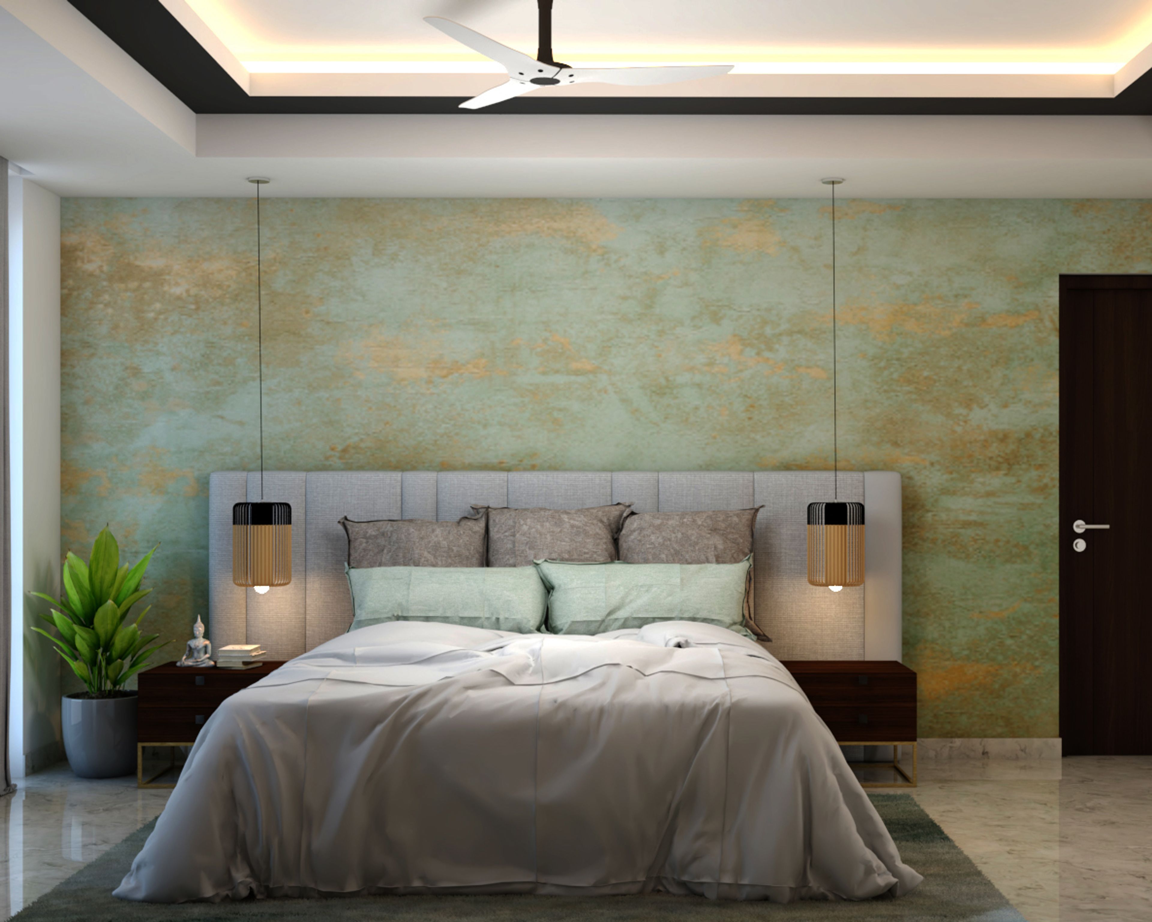 Contemporary Bedrooms Design With A King Size Bed With A Grey Tufted Headboard