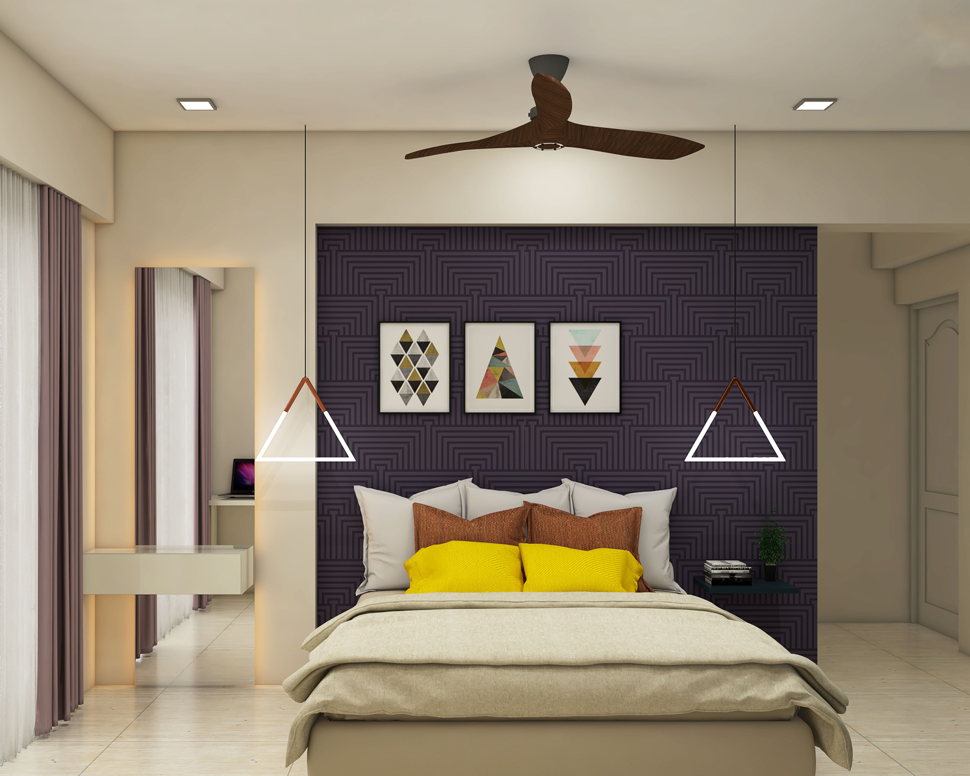 Contemporary Guest Bedroom Design With Dark Blue Wallpaper