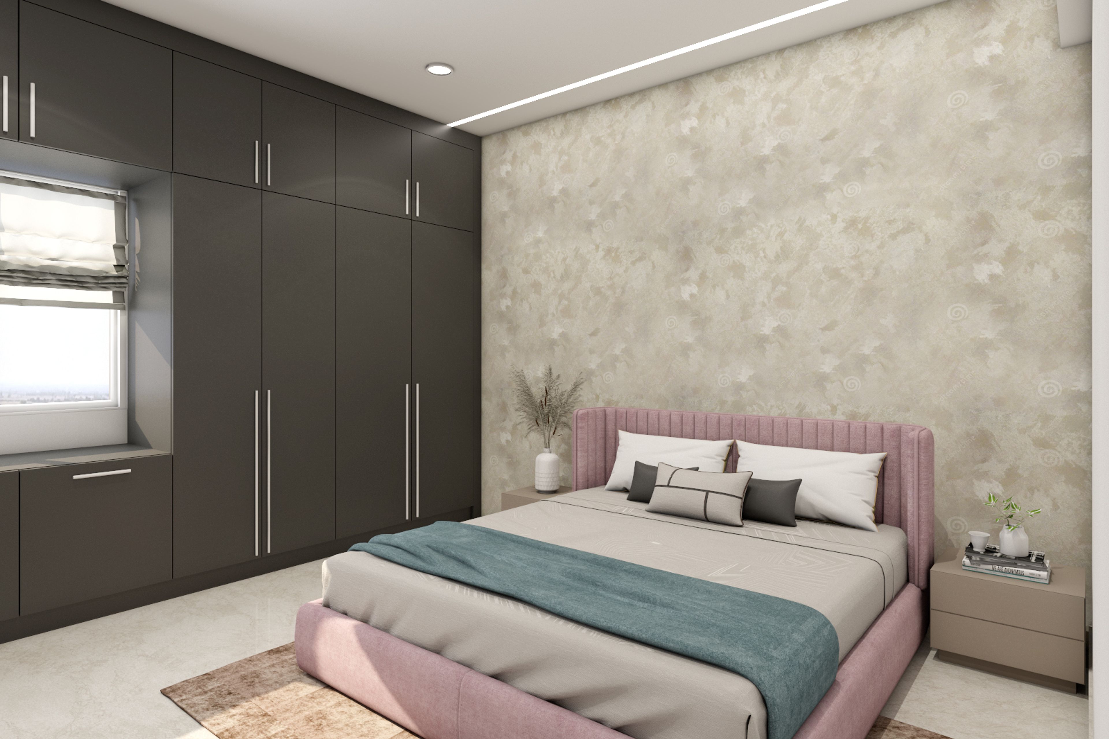 Contemporary Bedroom Design With A Pink Upholstered Double Bed And Beige Side Tables