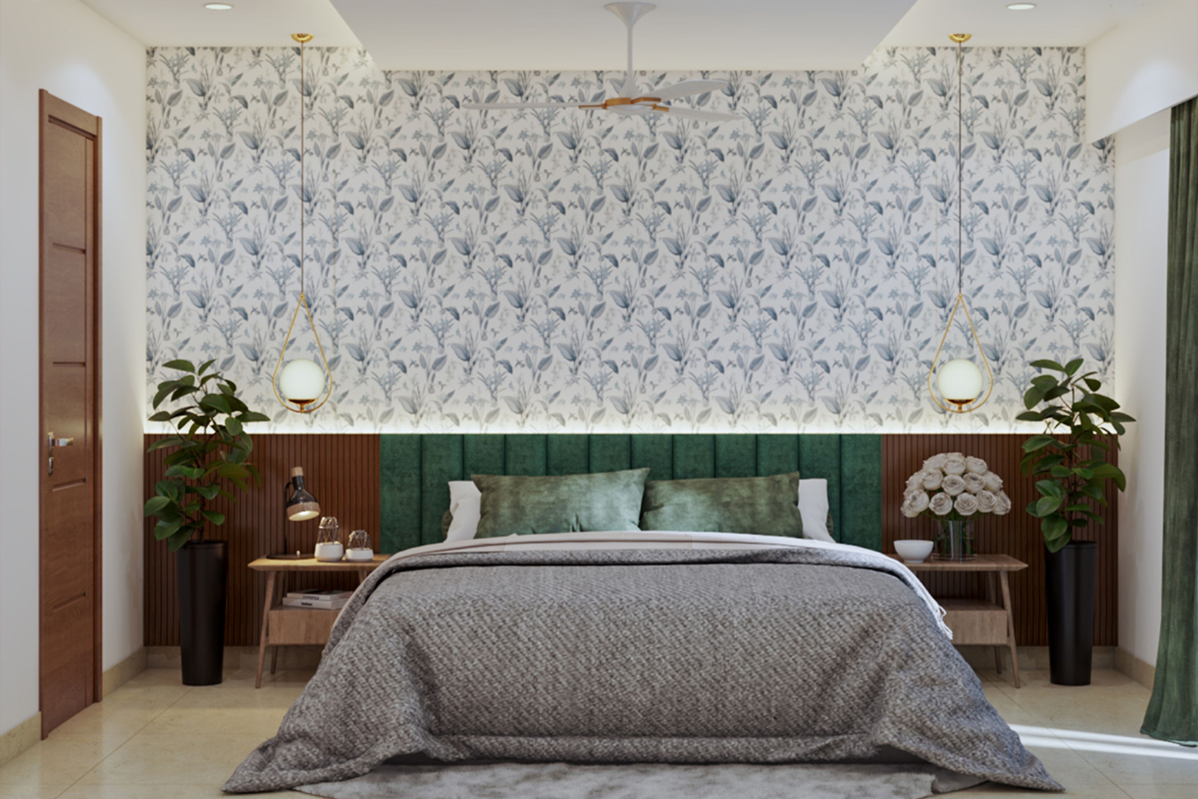 Modern Bedroom Design With Blue And White Patterned Wallpaper And Brown Fluted Panelling