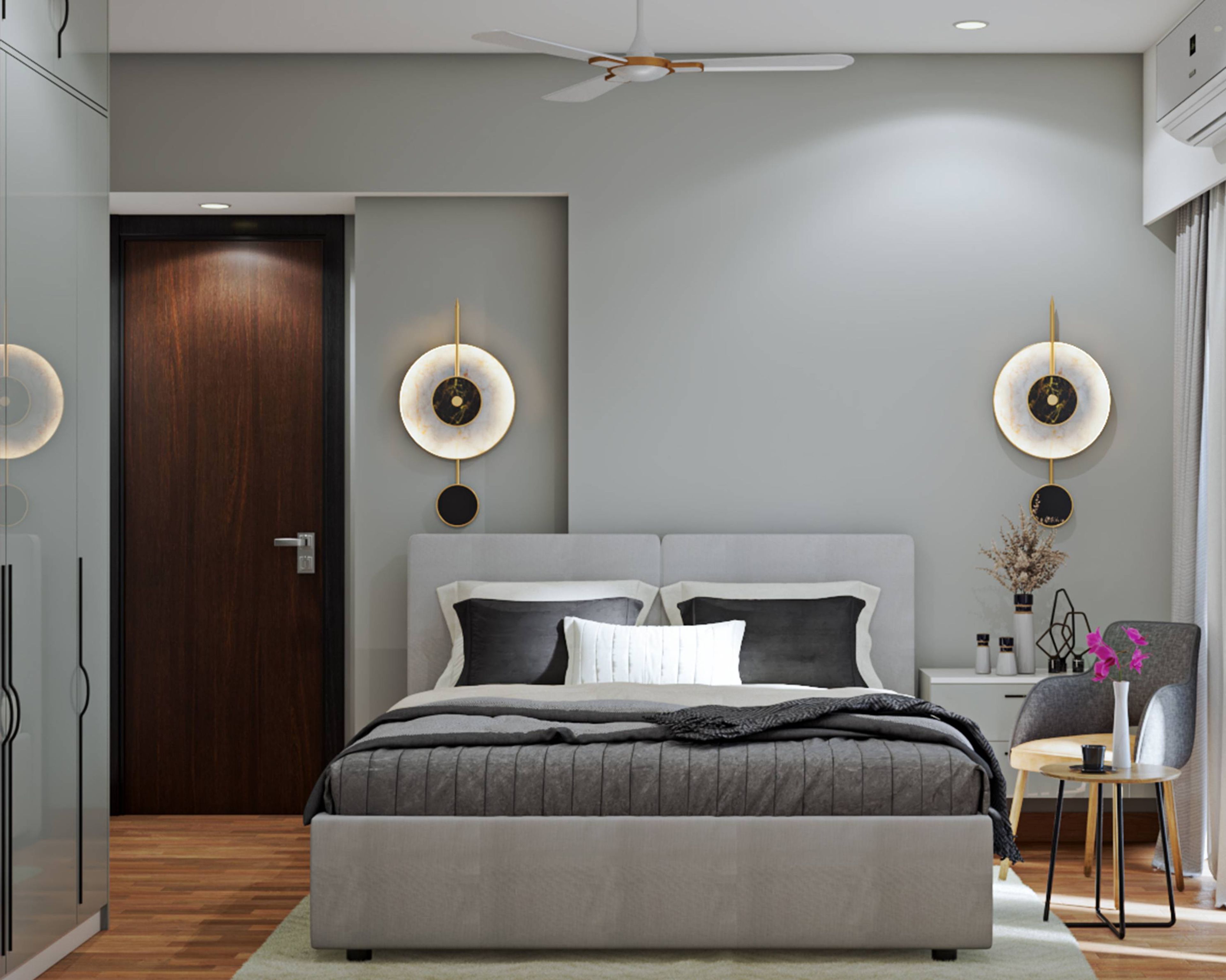Contemporary Bedroom Design With A Grey Upholstered Bed And Wardrobe