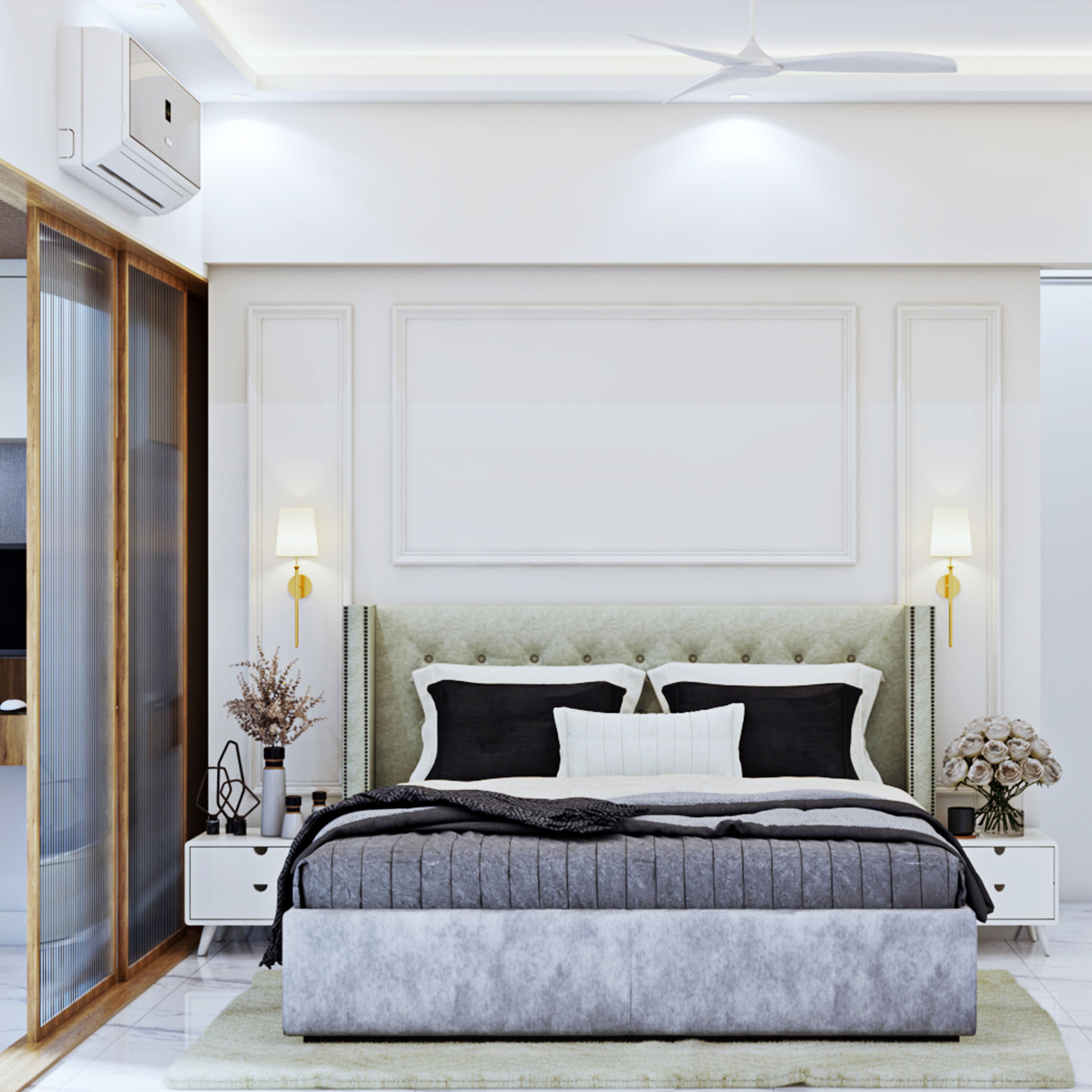 Modern Guest Bedroom Design With Creamy White Theme And Wooden Framed Slide Shutter - Livspace