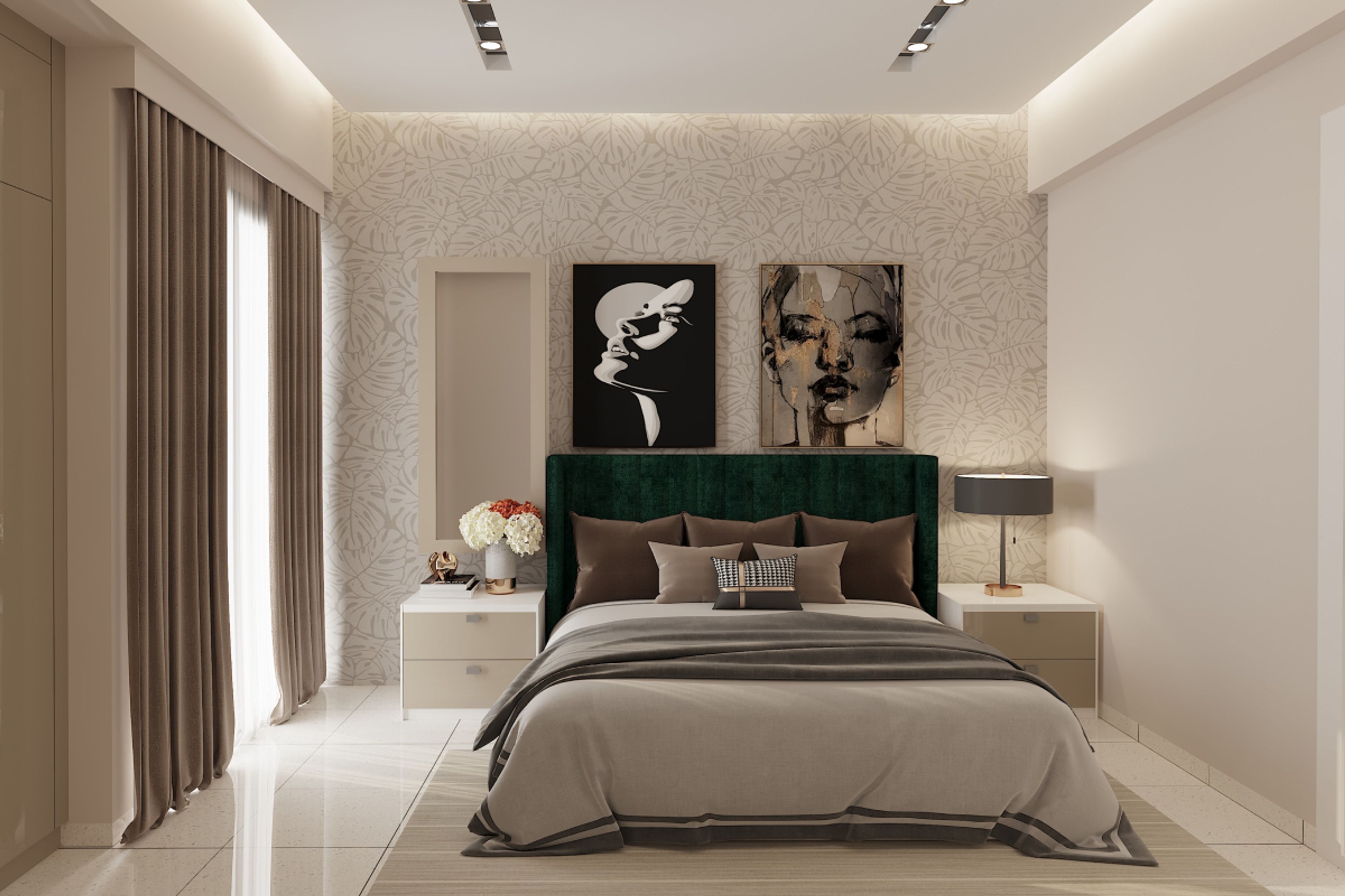 Modern Guest Room Design With A Leaf-Patterned Wallpaper
