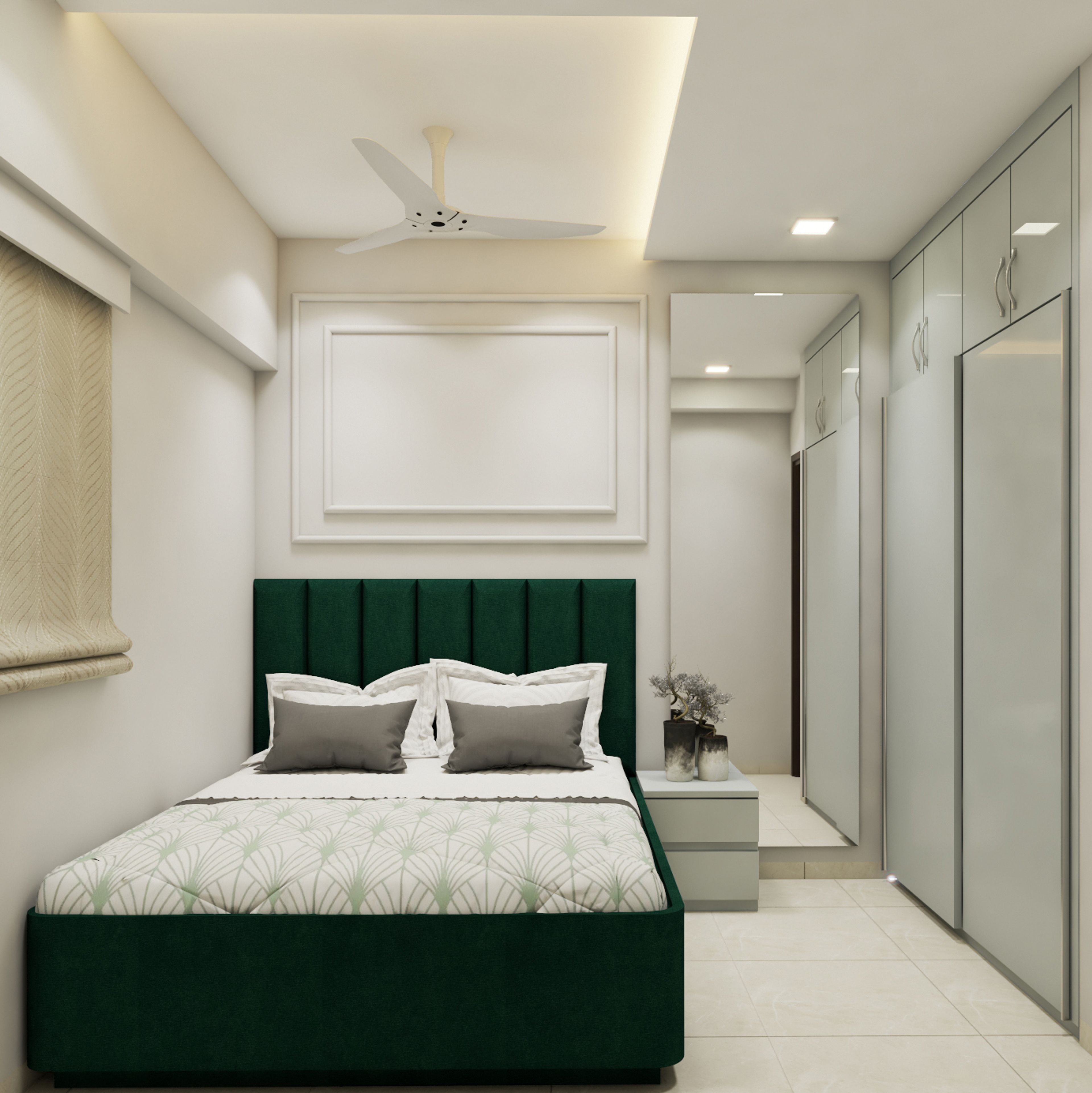 Spacious Guest Bedroom With Green Upholstered Bed - Livspace