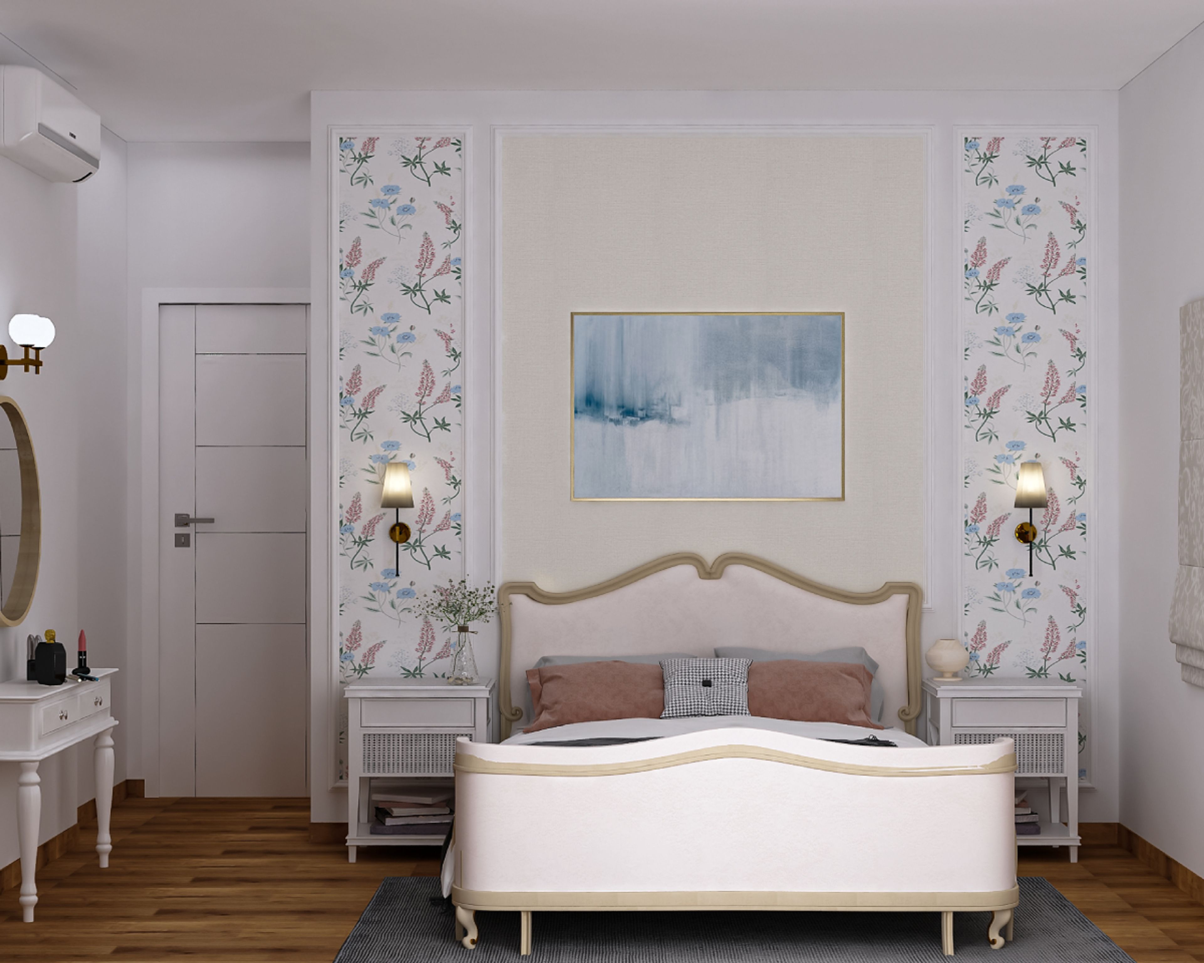 Classic Bedroom Design With A Queen Size Bed Featuring A Cream Headboard With Wooden Borders