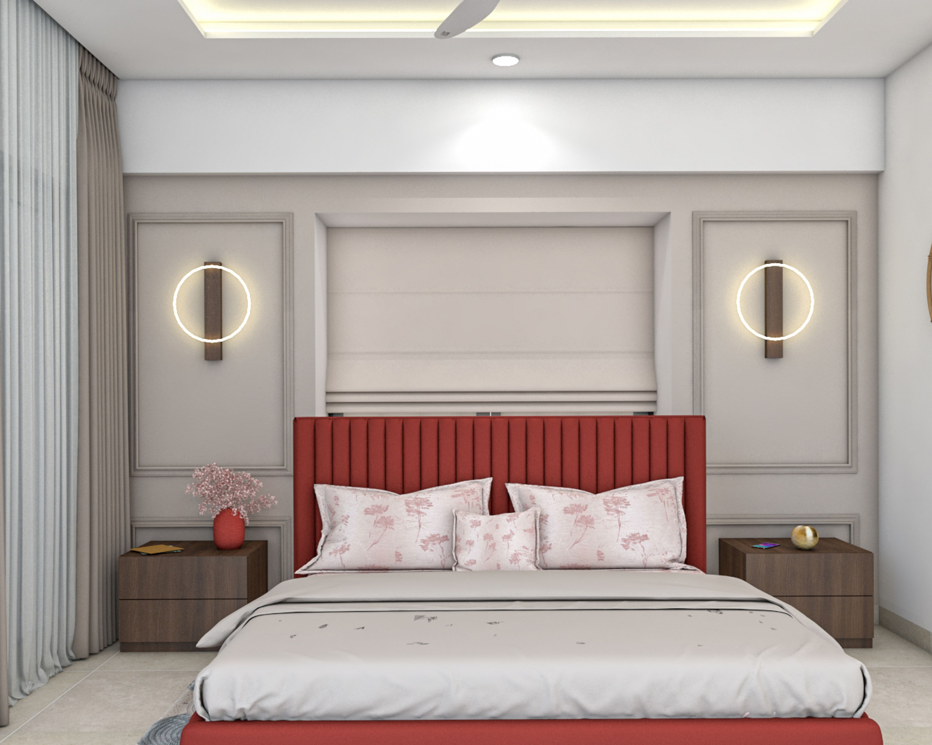 Modern Bedroom Design With A King Size Bed With A Red Upholstered Headboard