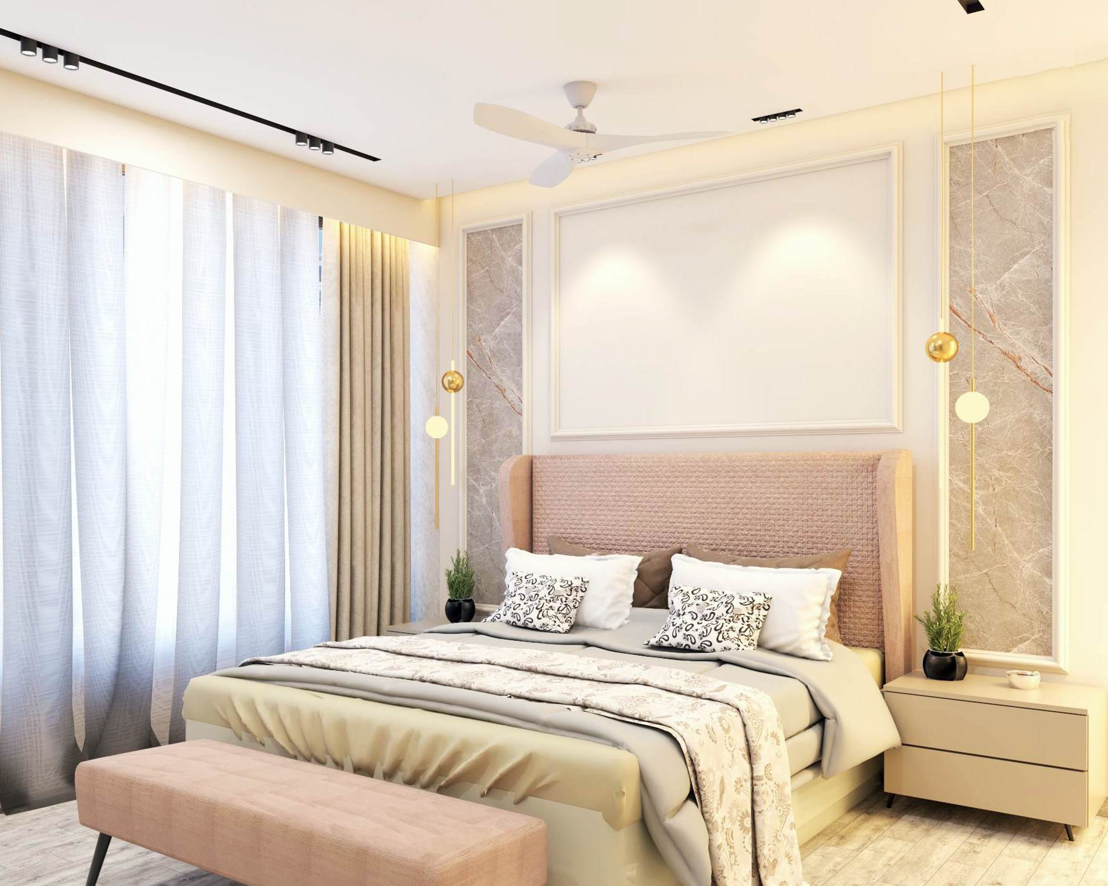 Contemporary Guest Bedroom Design With Pastel Pink Tufted Headboard