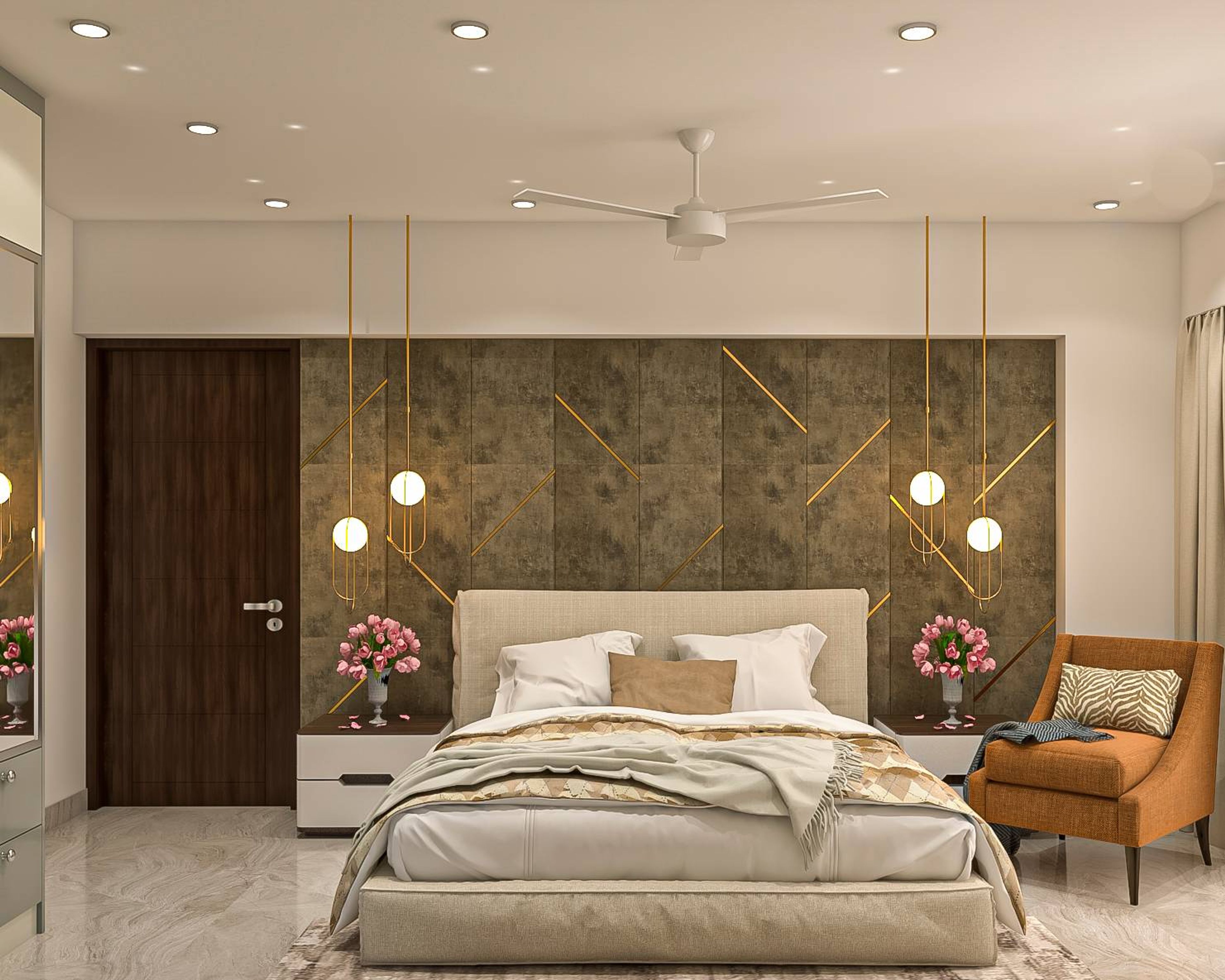 Contemporary Master Bedroom Design With Grey Upholstered Bed And Cream Tufted Headboard