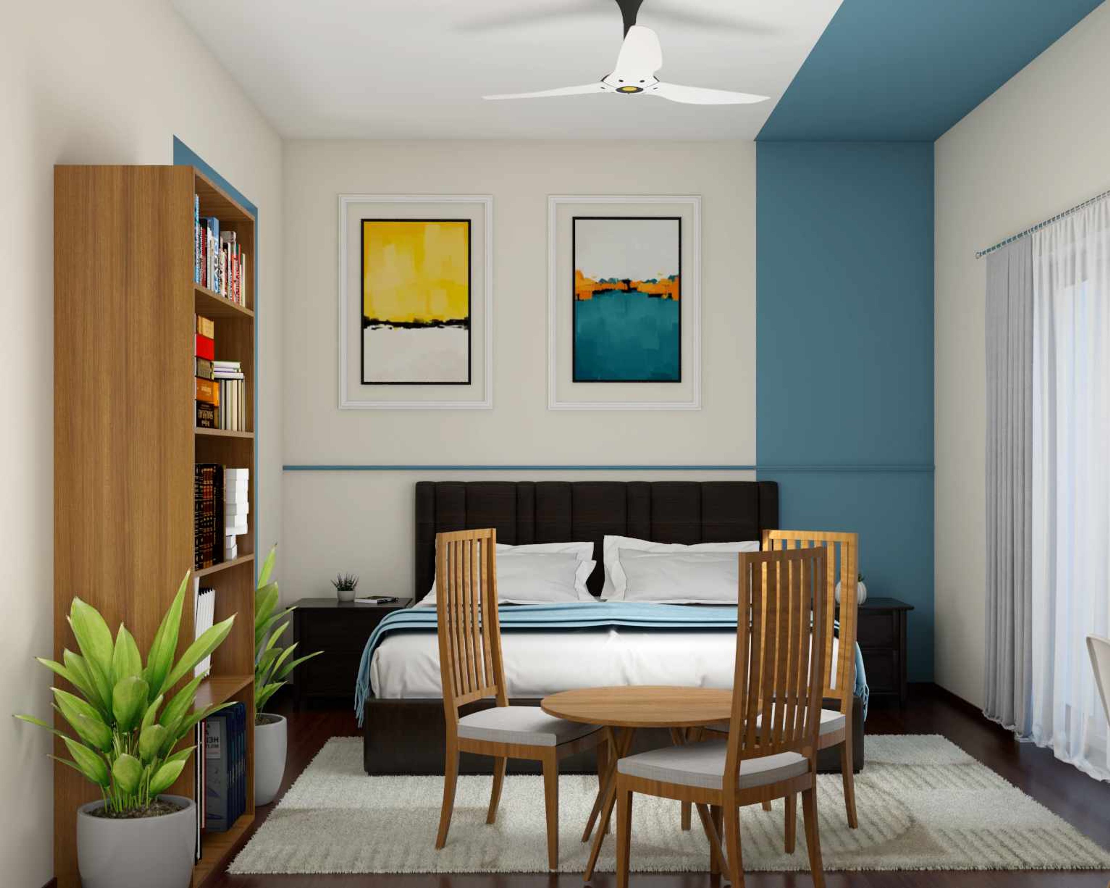 Modern Guest Bedroom With Long Wooden Bookshelf - Livspace