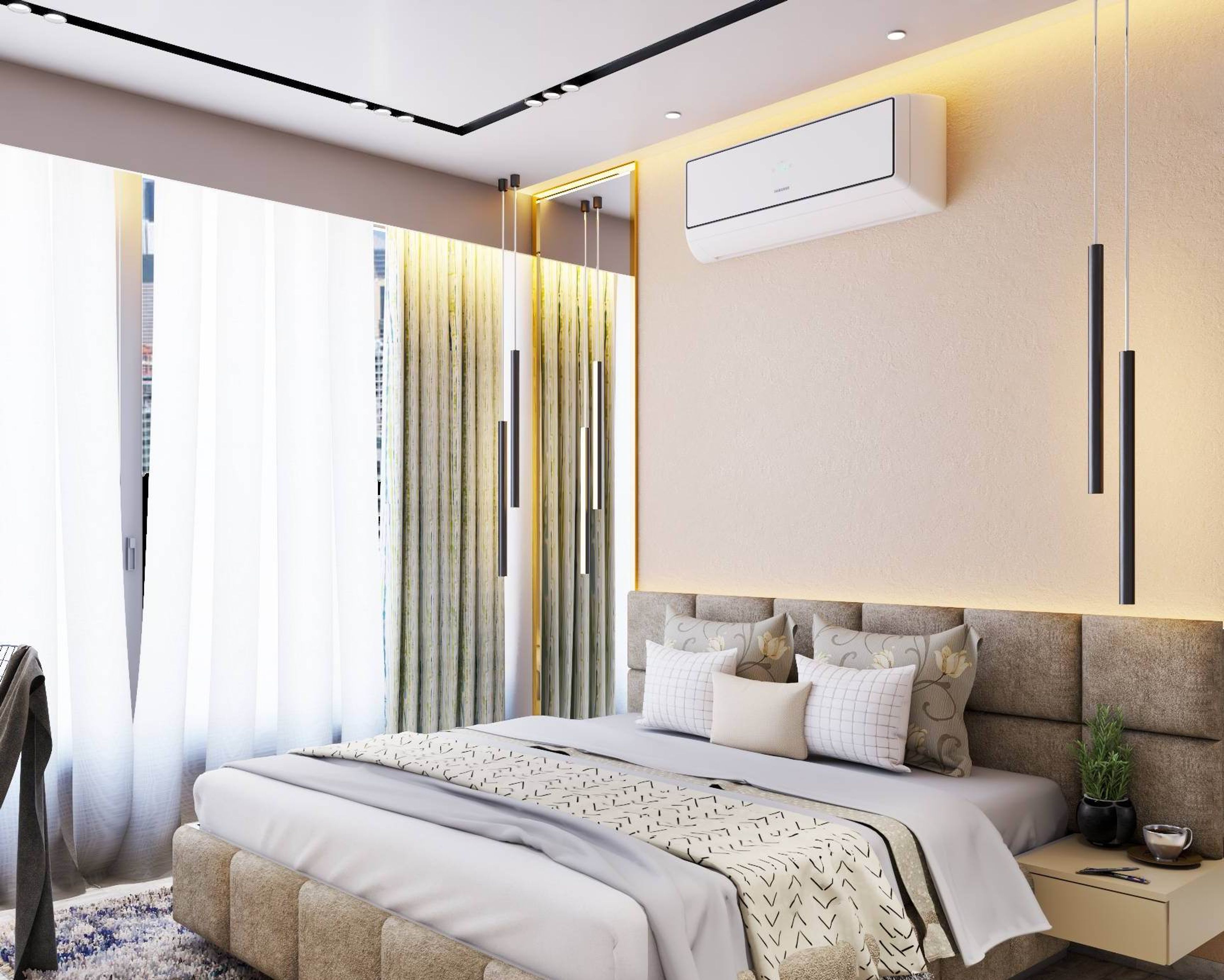 Modern Bedroom Design With A Grey Upholstered Bed And Wall-Mounted Side Table