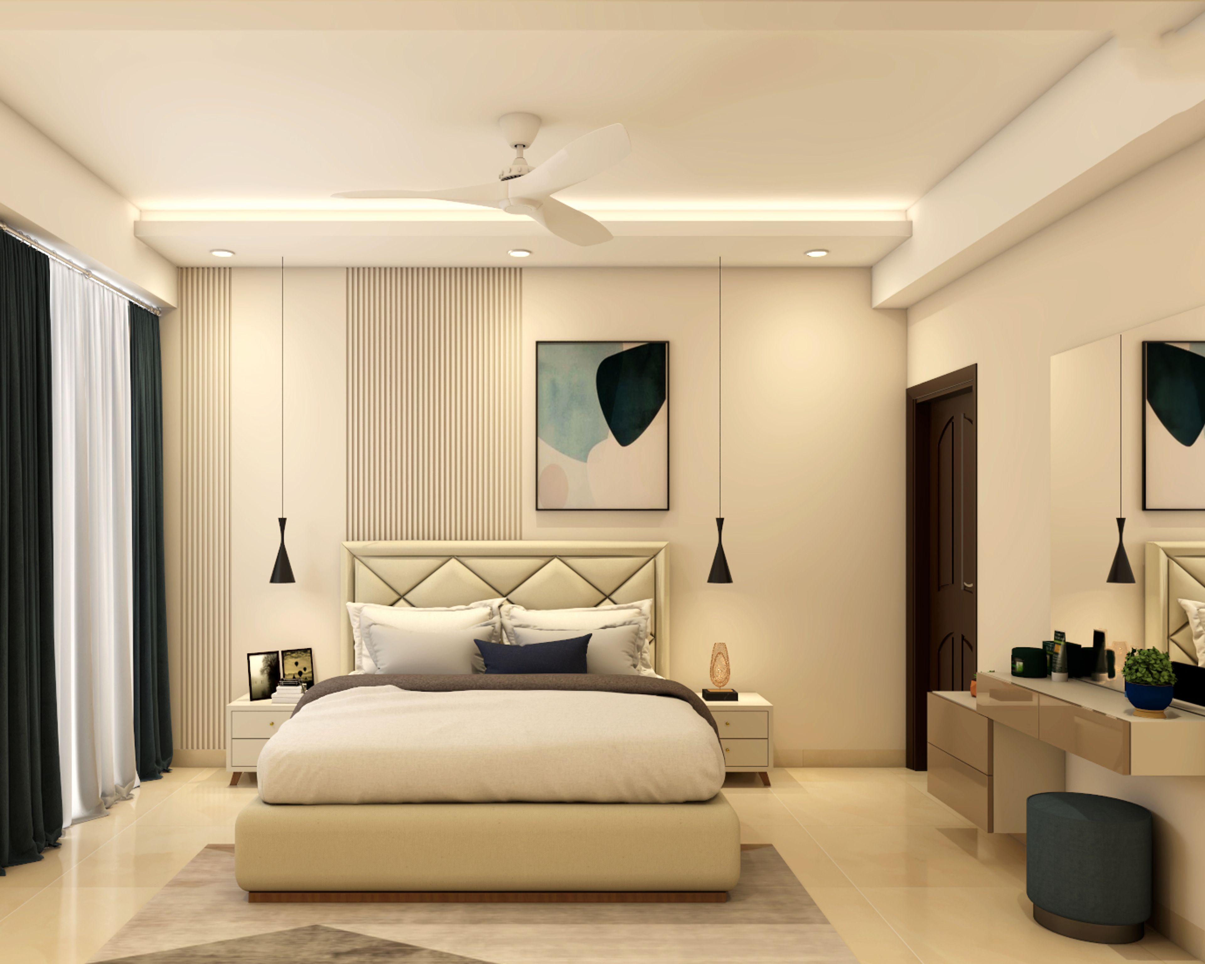 Contemporary and Spacious Guest Bedroom Cream Bed and Tufted Headboard - Livspace