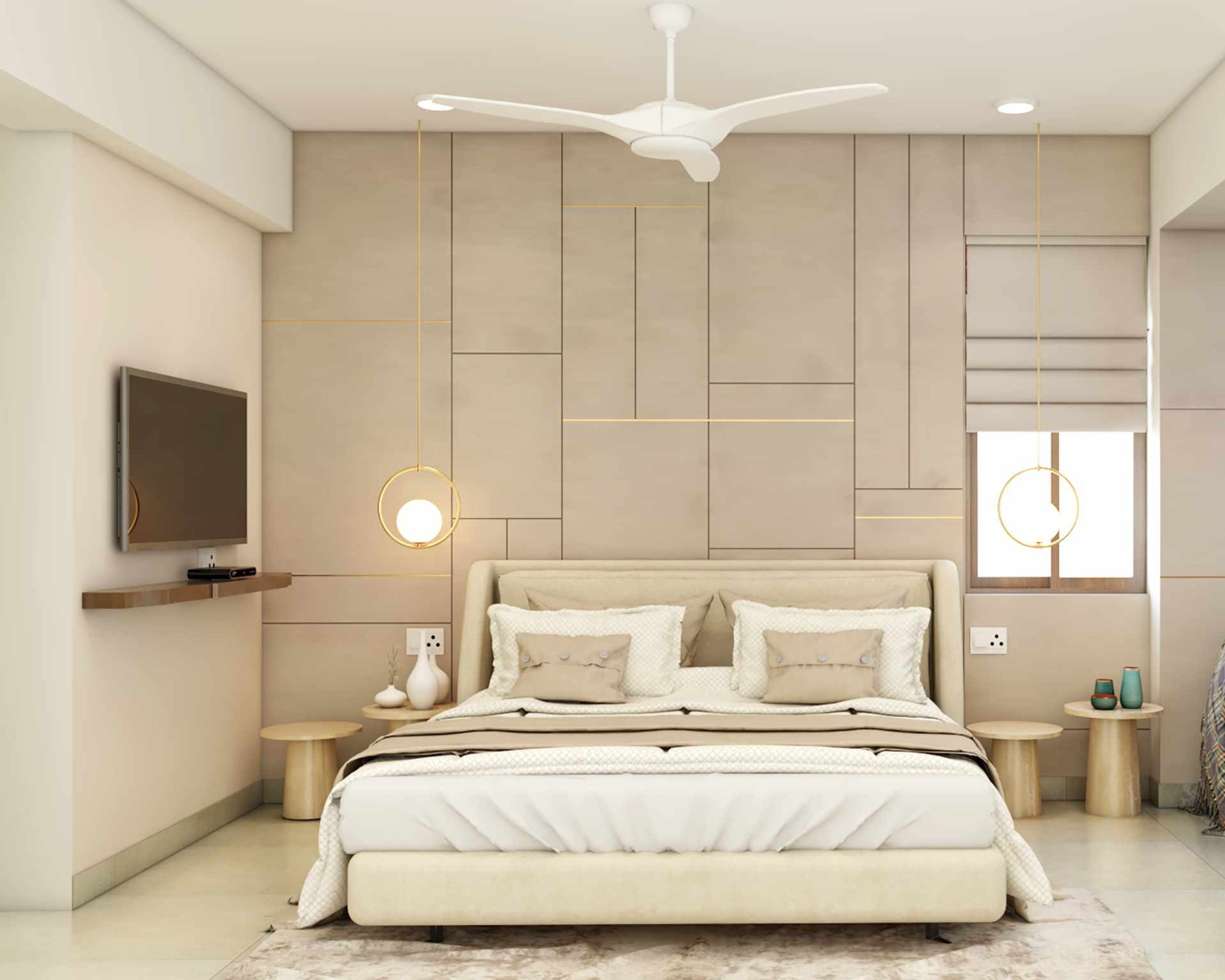 Modern Bedroom Design With A King Size Bed With A Cream Tufted Headboard