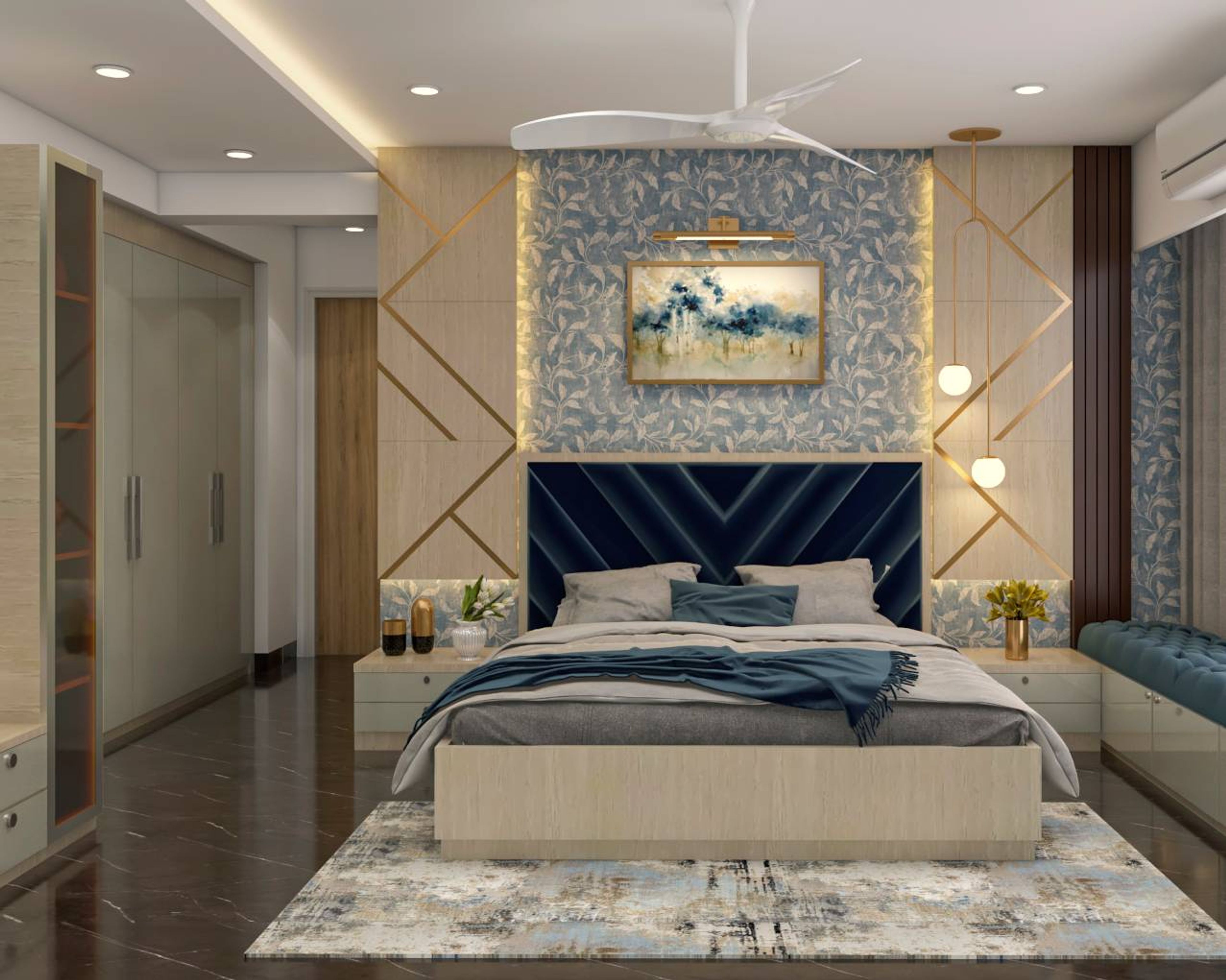 Contemporary Master Bedroom Design With Blue Accent Wall