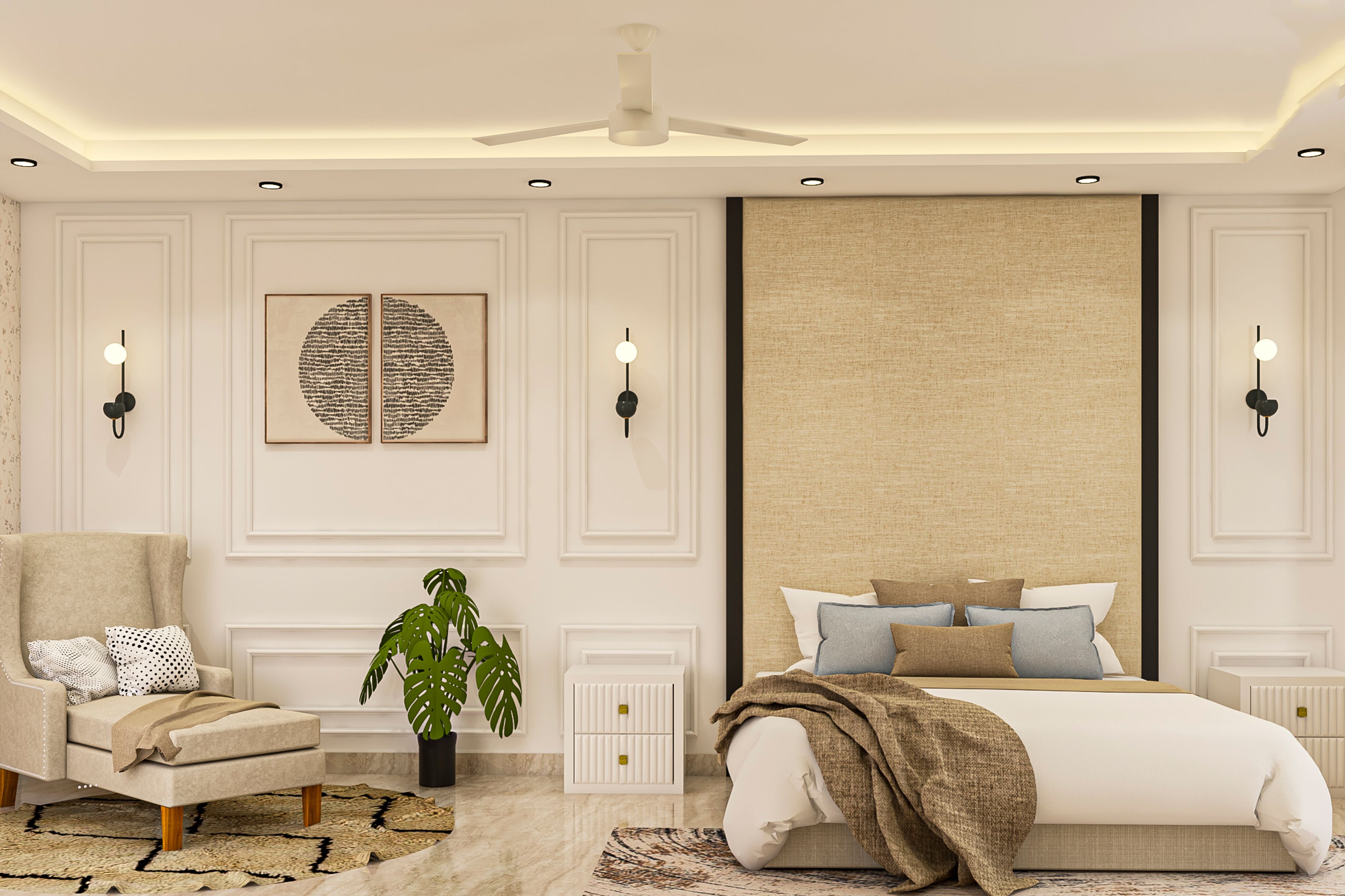 Modern Bedroom Design With A King Size Bed And A Beige Armchair