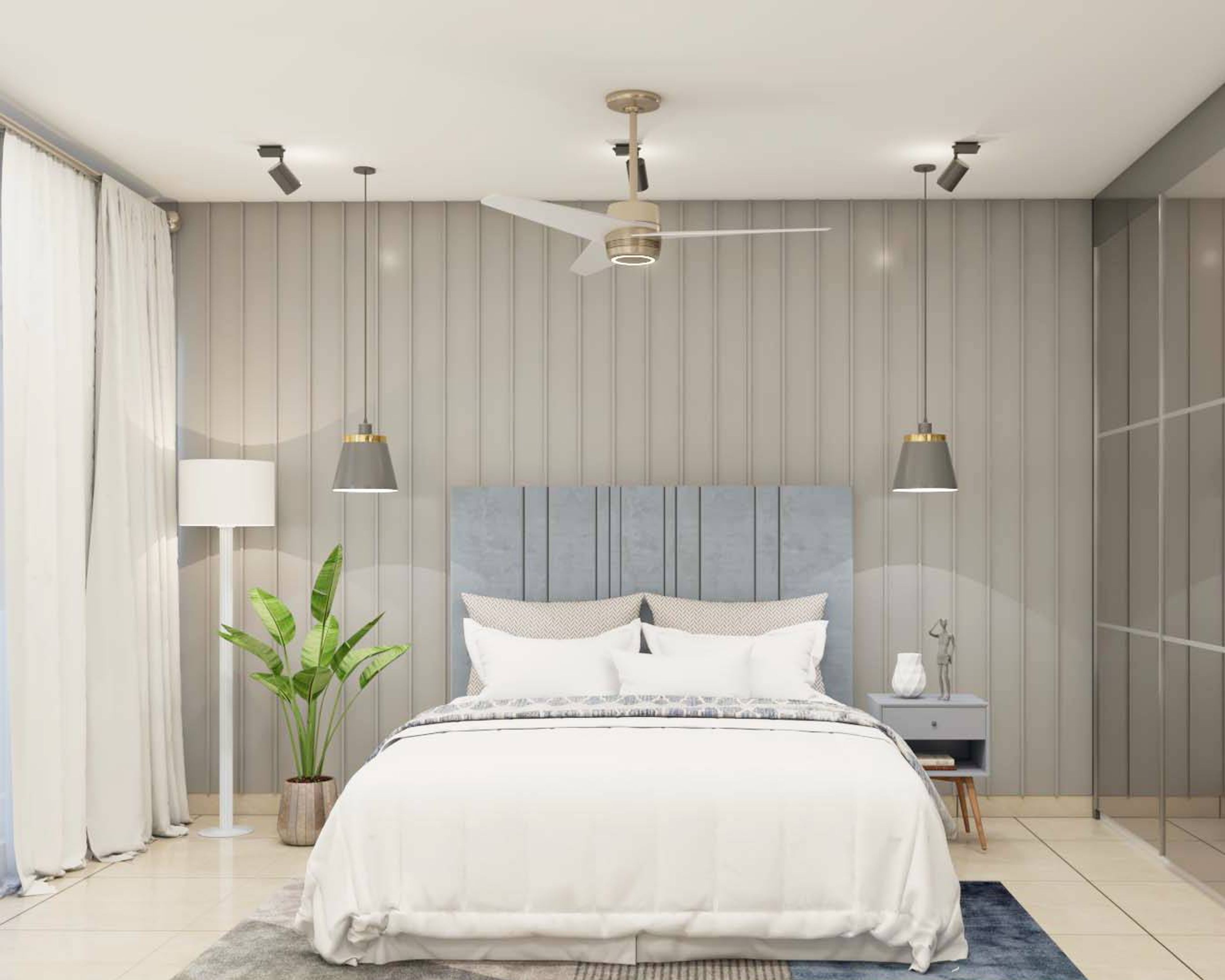 Contemporary Guest Bedroom With Grey Wall Panels