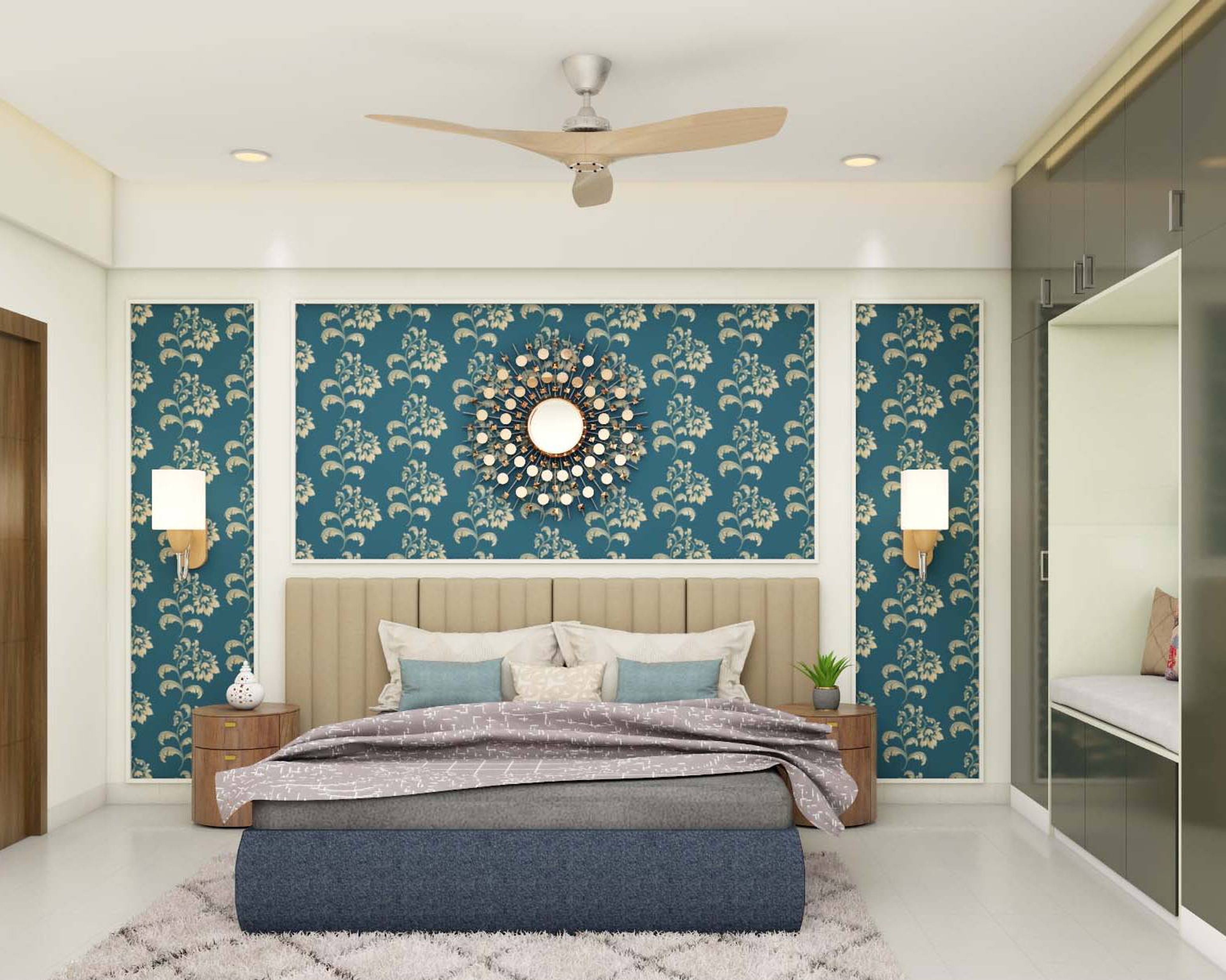 Contemporary Master Bedroom Design With Blue Upholstered Bed And Beige Headboard