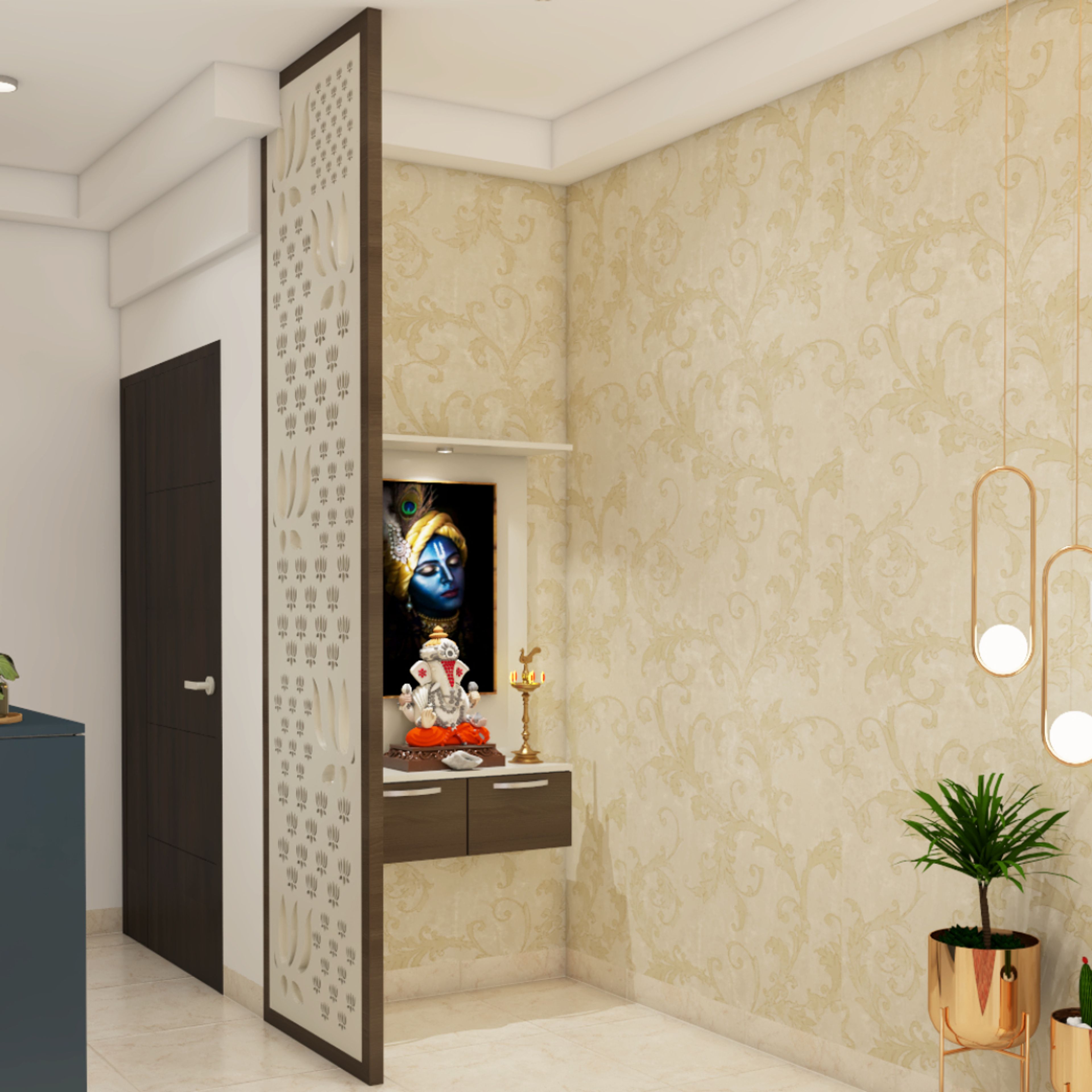 Modern Mandir Design With Floral Beige Wallpaper And Partition