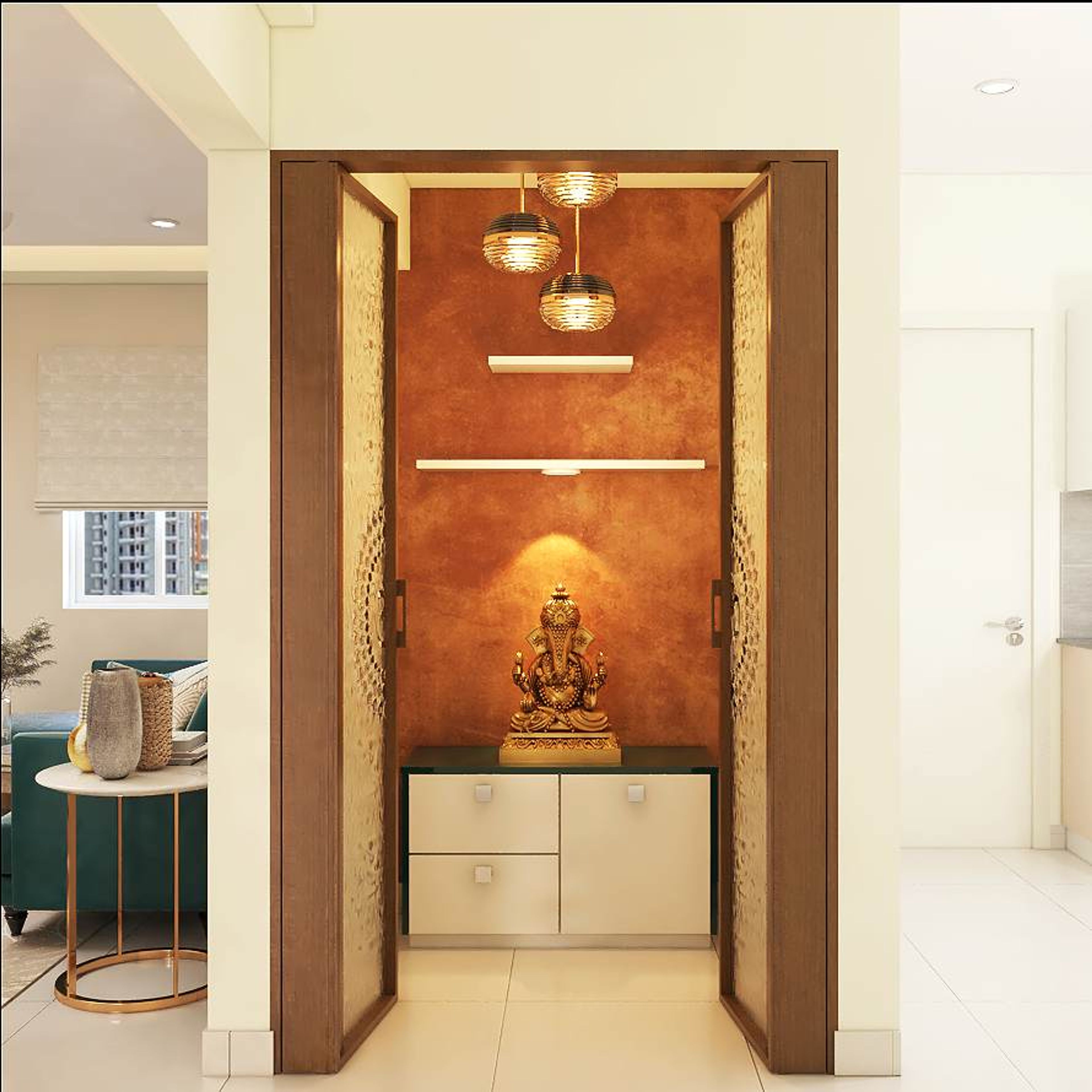 Modern Pooja Unit Design With Textured Wall