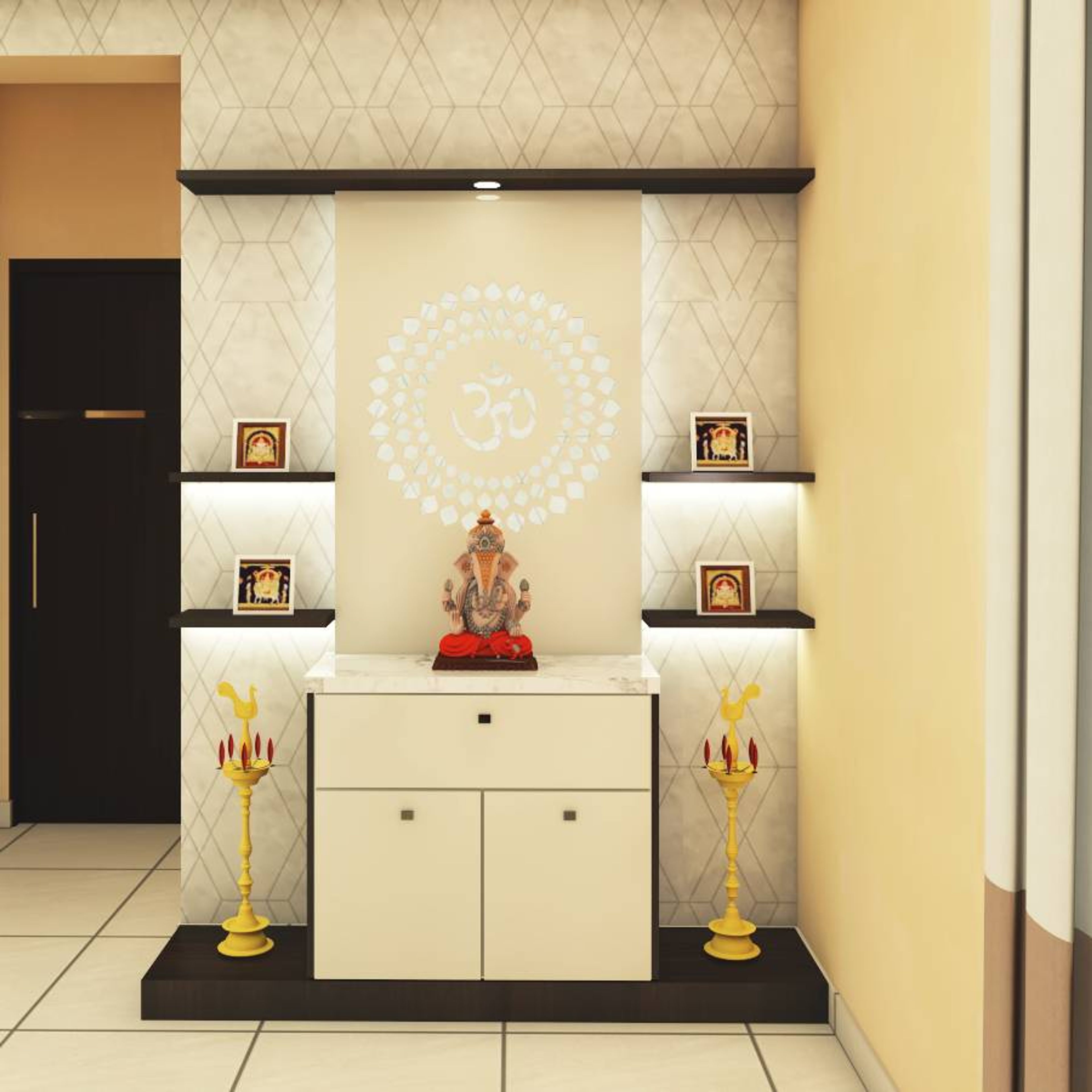 Modern Mandir Design with Floating Ledges and Back Panel