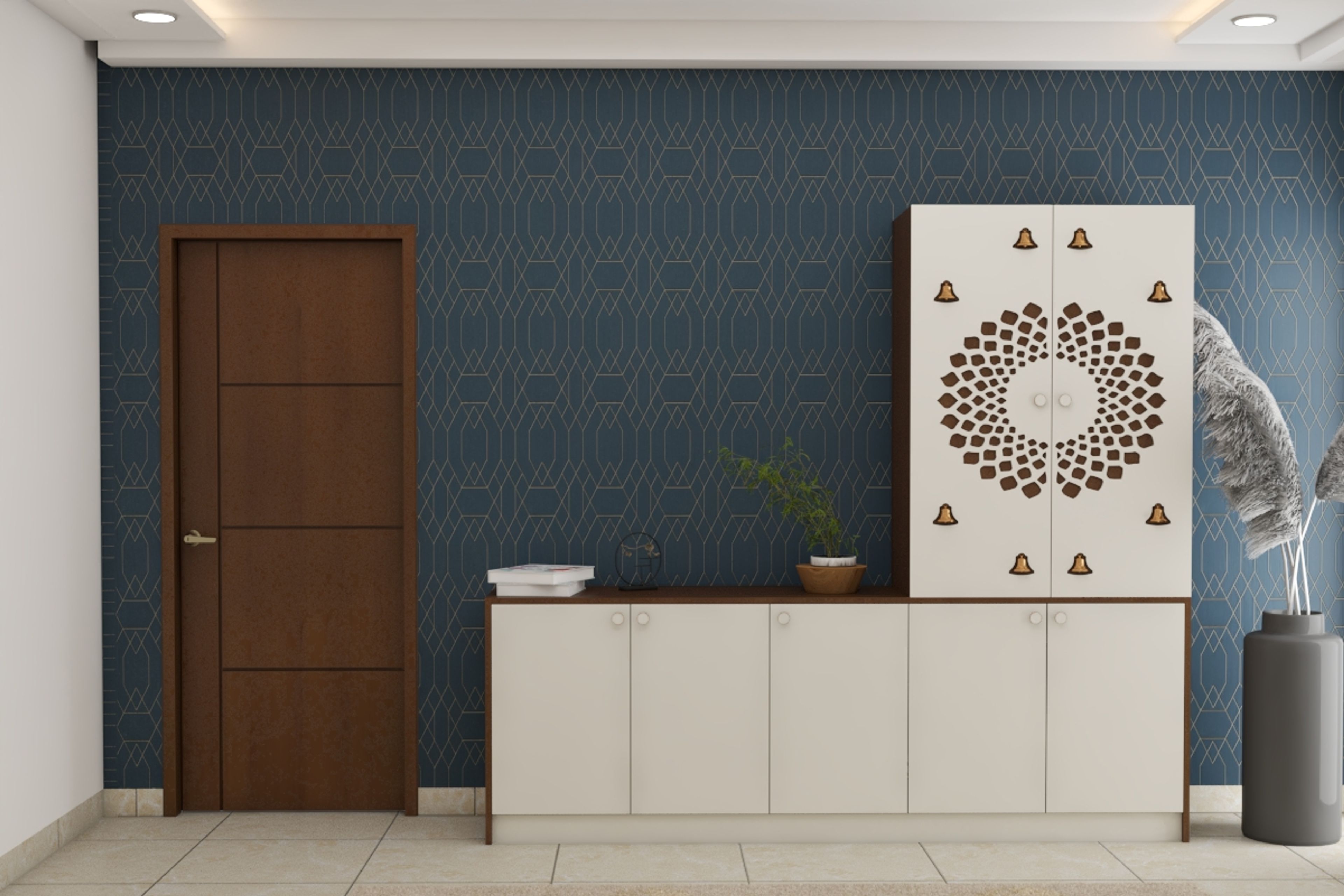 Contemporary Blue Mandir Design With CNC Door Cutting