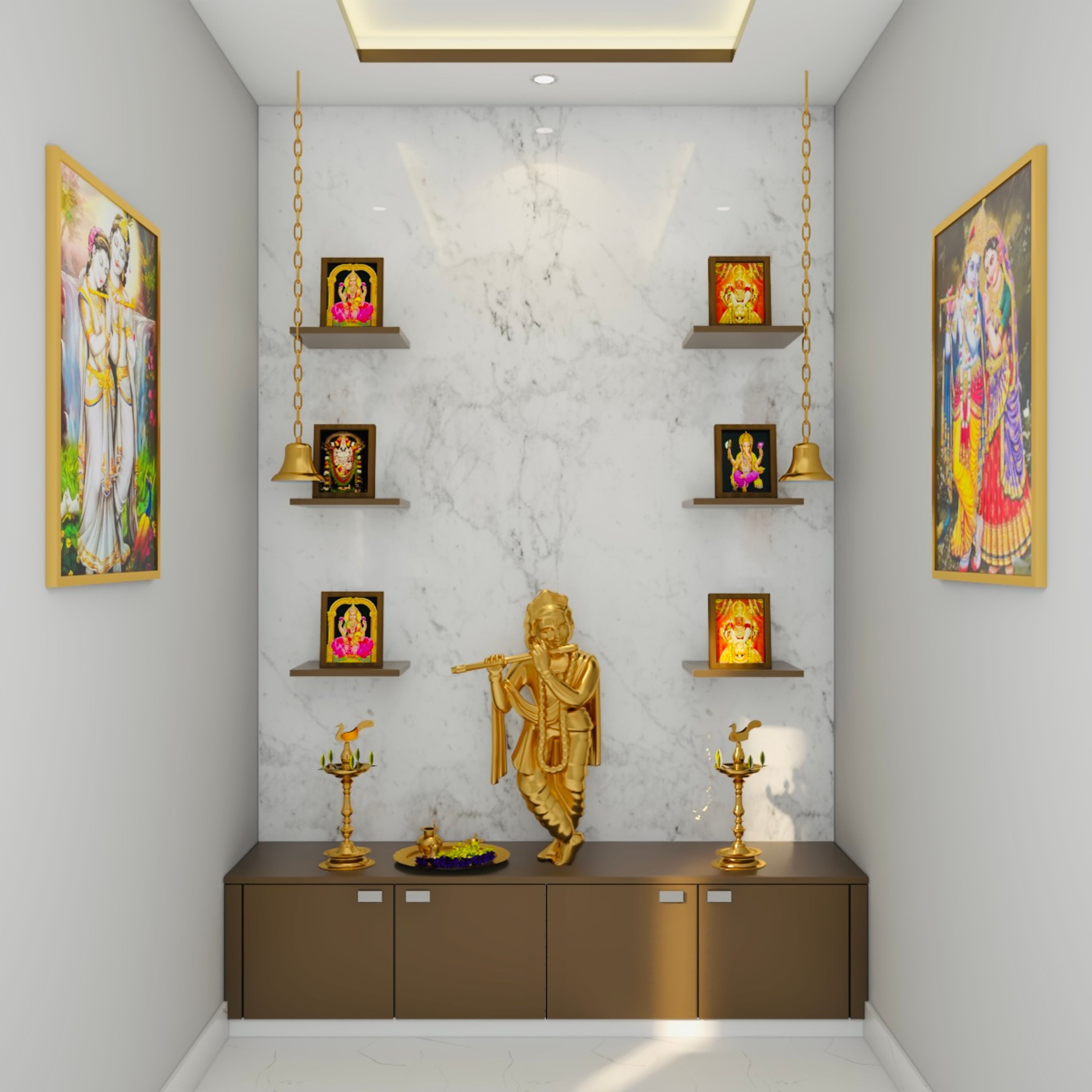 Modern Mandir Design With Floor Mounted Storage