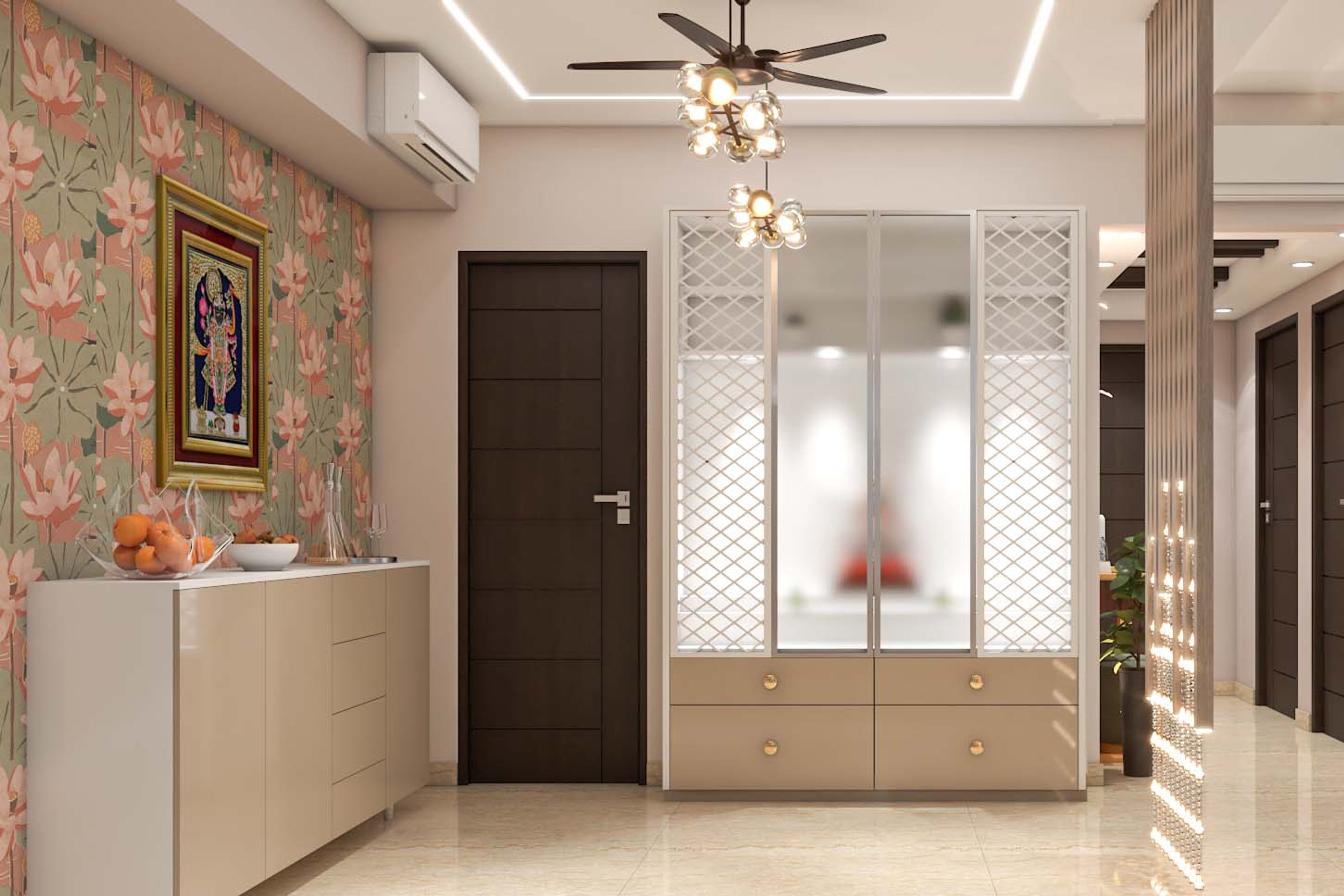 Contemporary Mandir Design With Frosted Glass Doors